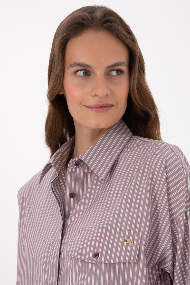 Kadın Bordo Çizgili Uzun Kollu Gömlek - 50316369007