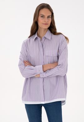 Kadın Mor Çizgili Uzun Kollu Gömlek - 50316369015