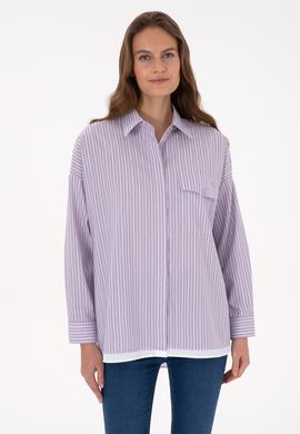 Kadın Mor Çizgili Uzun Kollu Gömlek - 50316369015