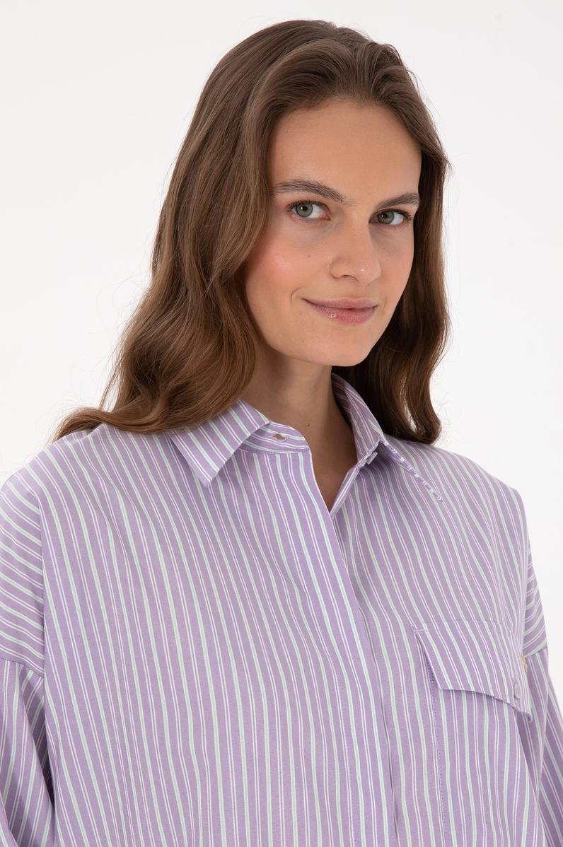 Kadın Mor Çizgili Uzun Kollu Gömlek