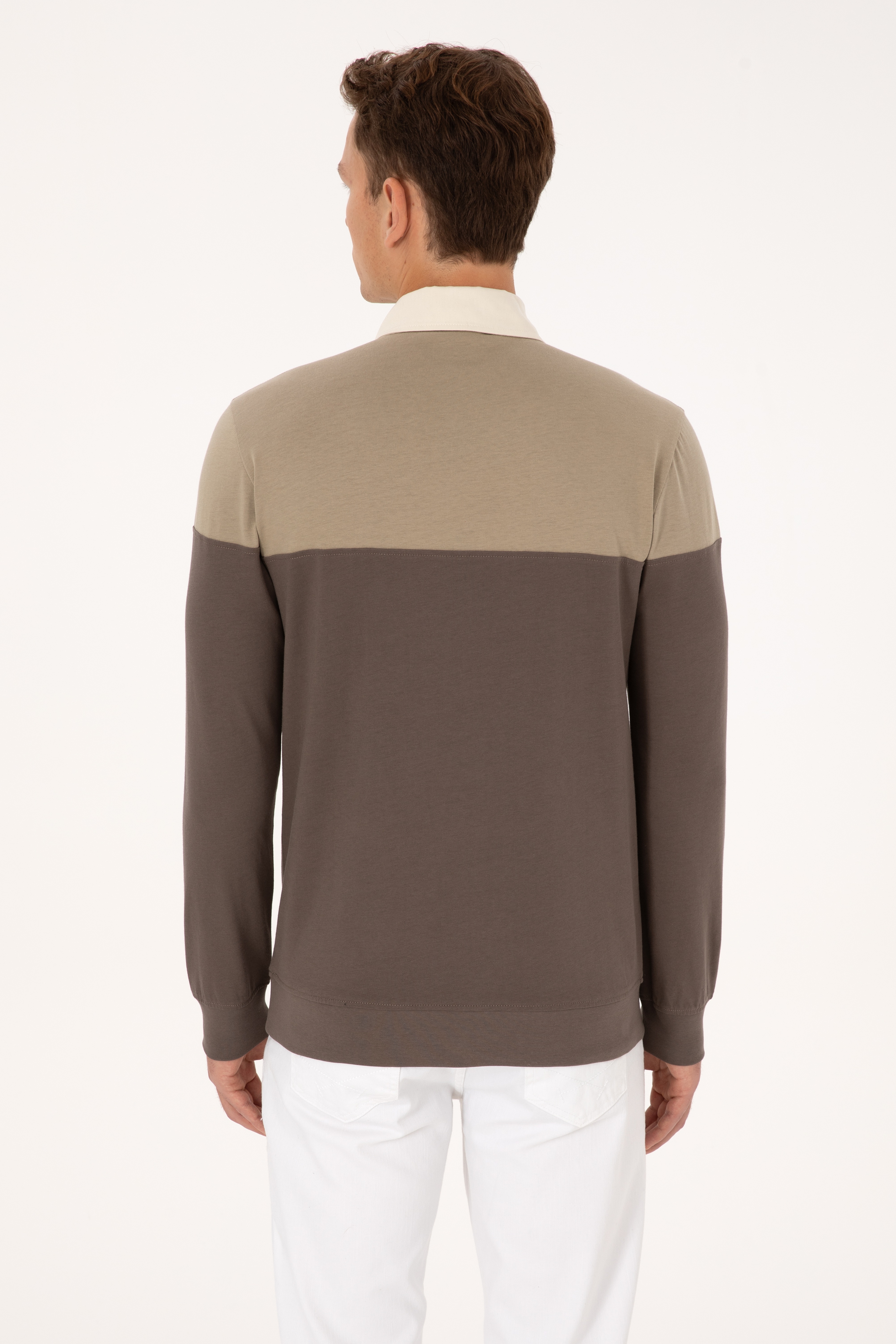 Erkek Regular Fit Polo Yaka Açık Haki Sweatshirt