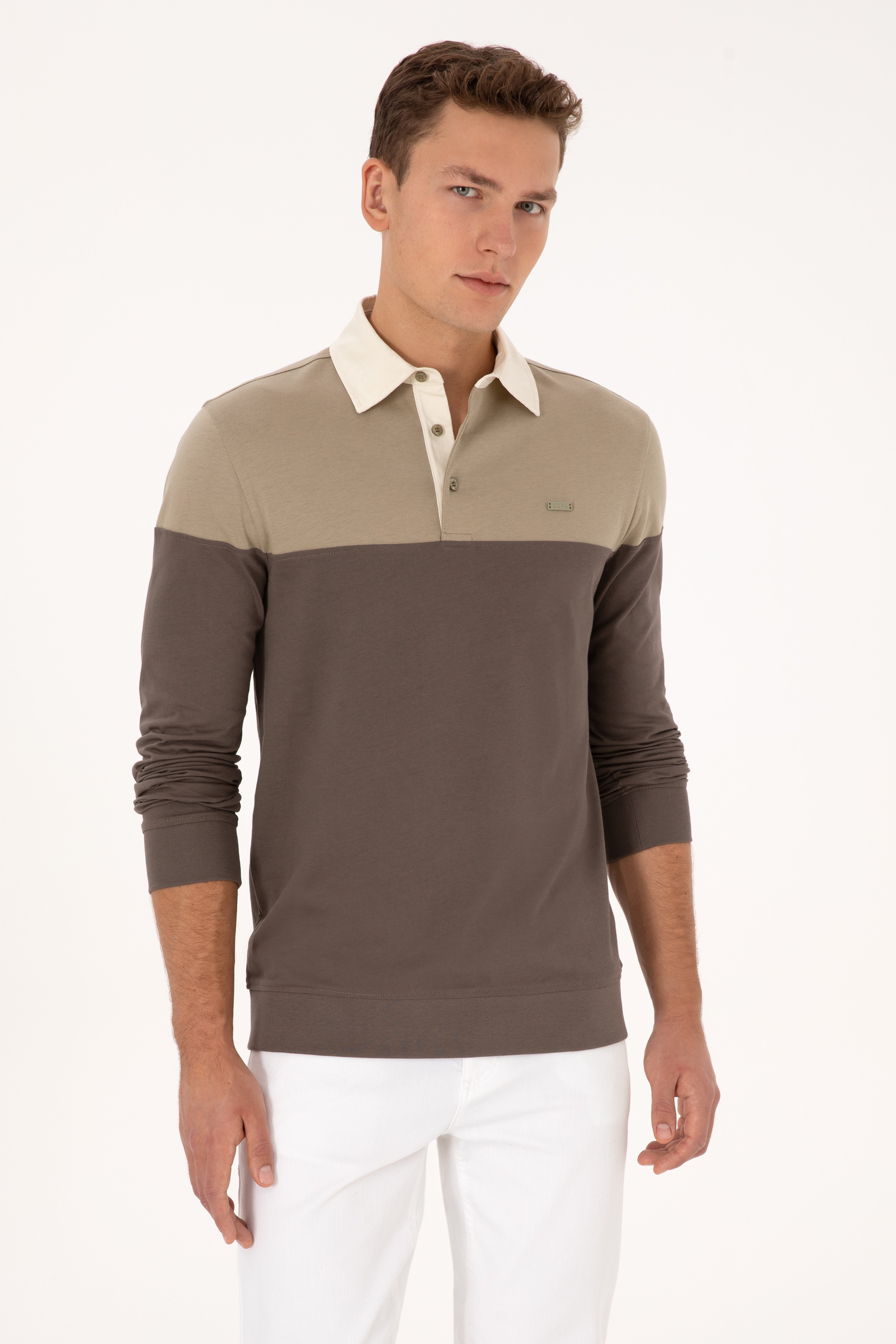 Erkek Regular Fit Polo Yaka Açık Haki Sweatshirt