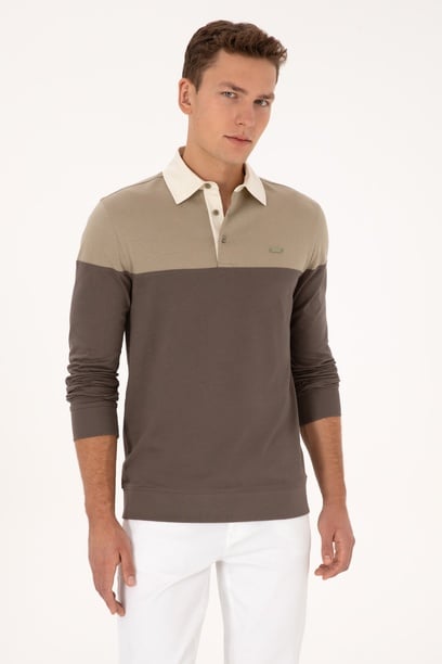 Erkek Regular Fit Polo Yaka Açık Haki Sweatshirt