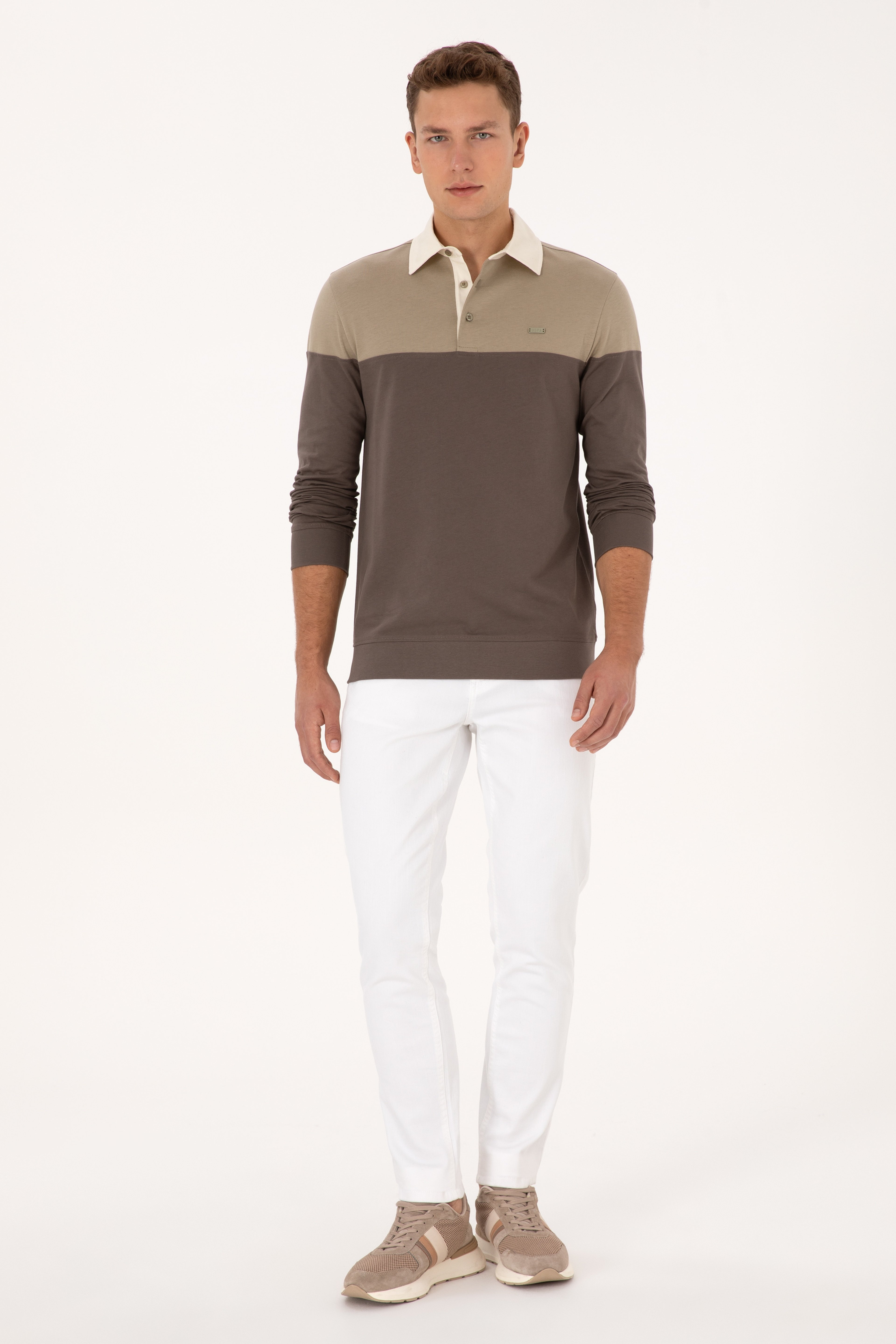 Erkek Regular Fit Polo Yaka Açık Haki Sweatshirt - Image 4