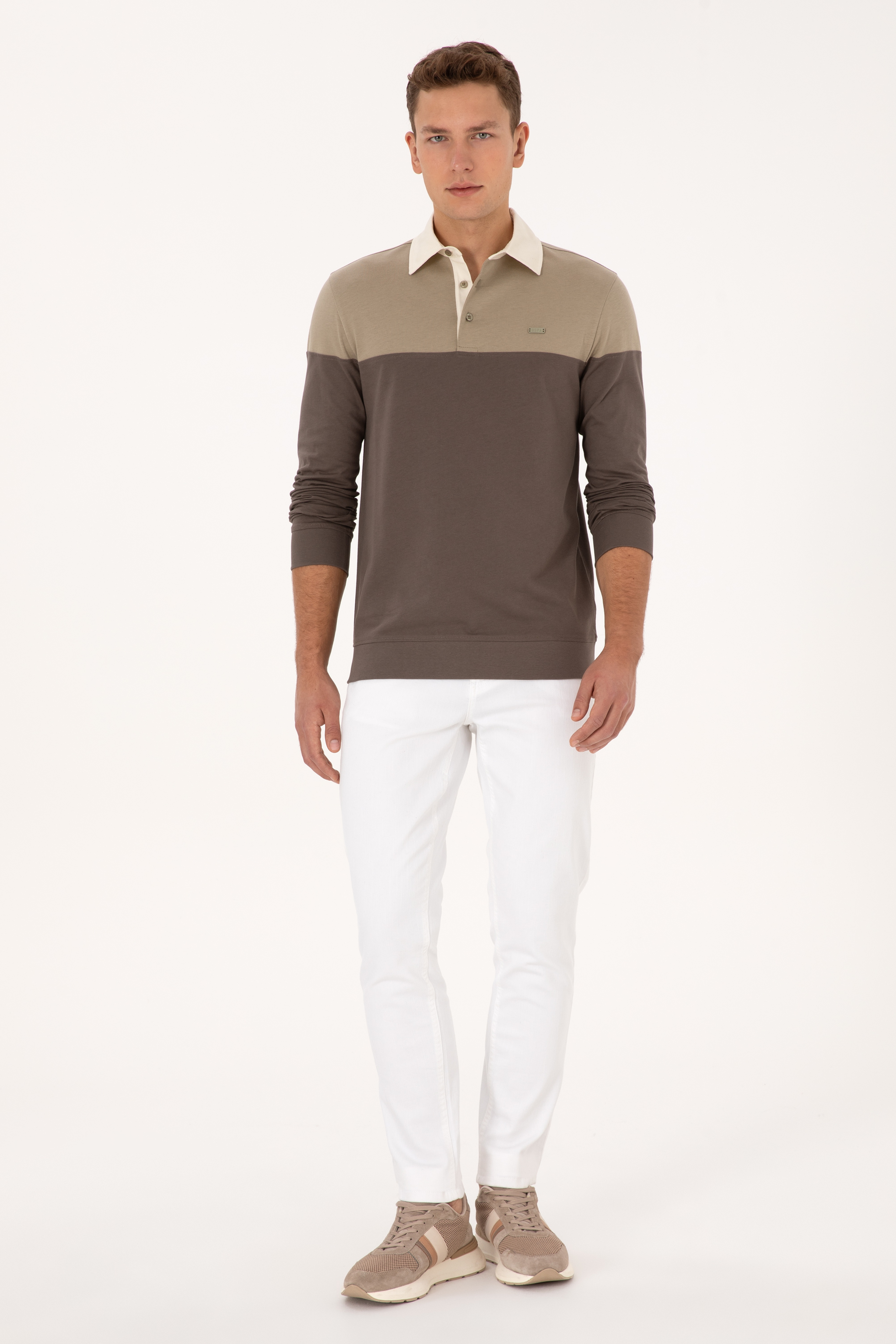 Erkek Regular Fit Polo Yaka Açık Haki Sweatshirt