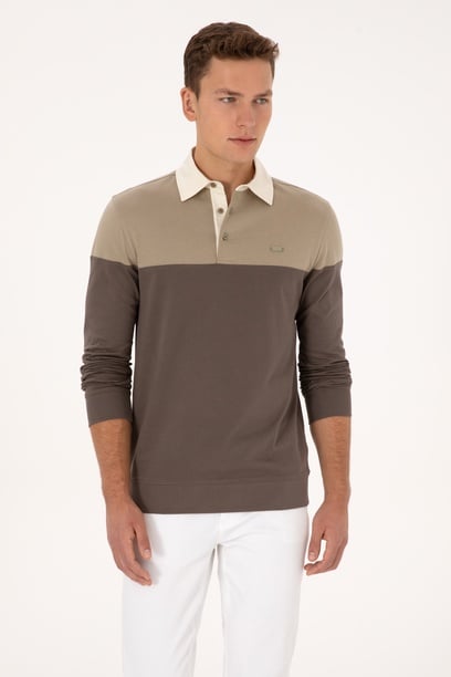 Erkek Regular Fit Polo Yaka Açık Haki Sweatshirt