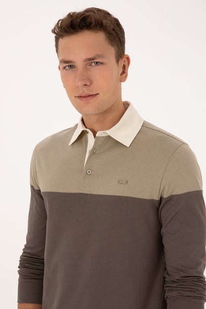Erkek Regular Fit Polo Yaka Açık Haki Sweatshirt