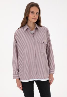 Kadın Bordo Çizgili Uzun Kollu Gömlek - 50316369007