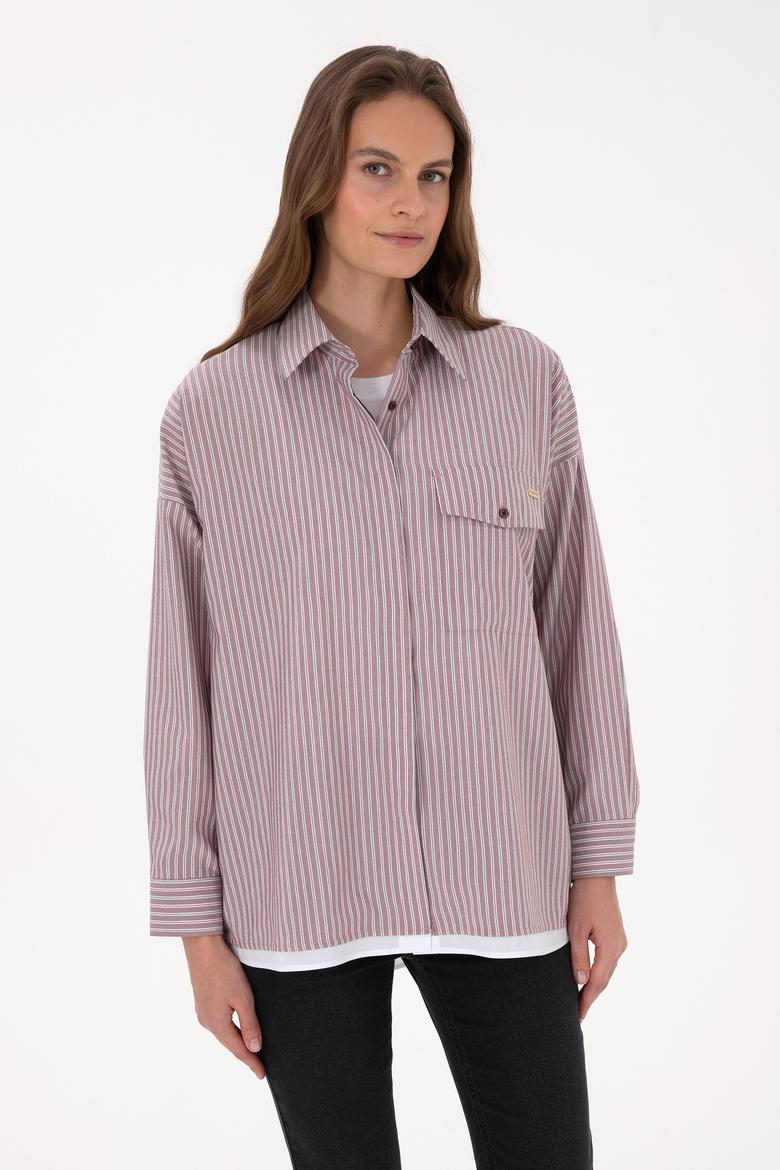 Kadın Bordo Çizgili Uzun Kollu Gömlek