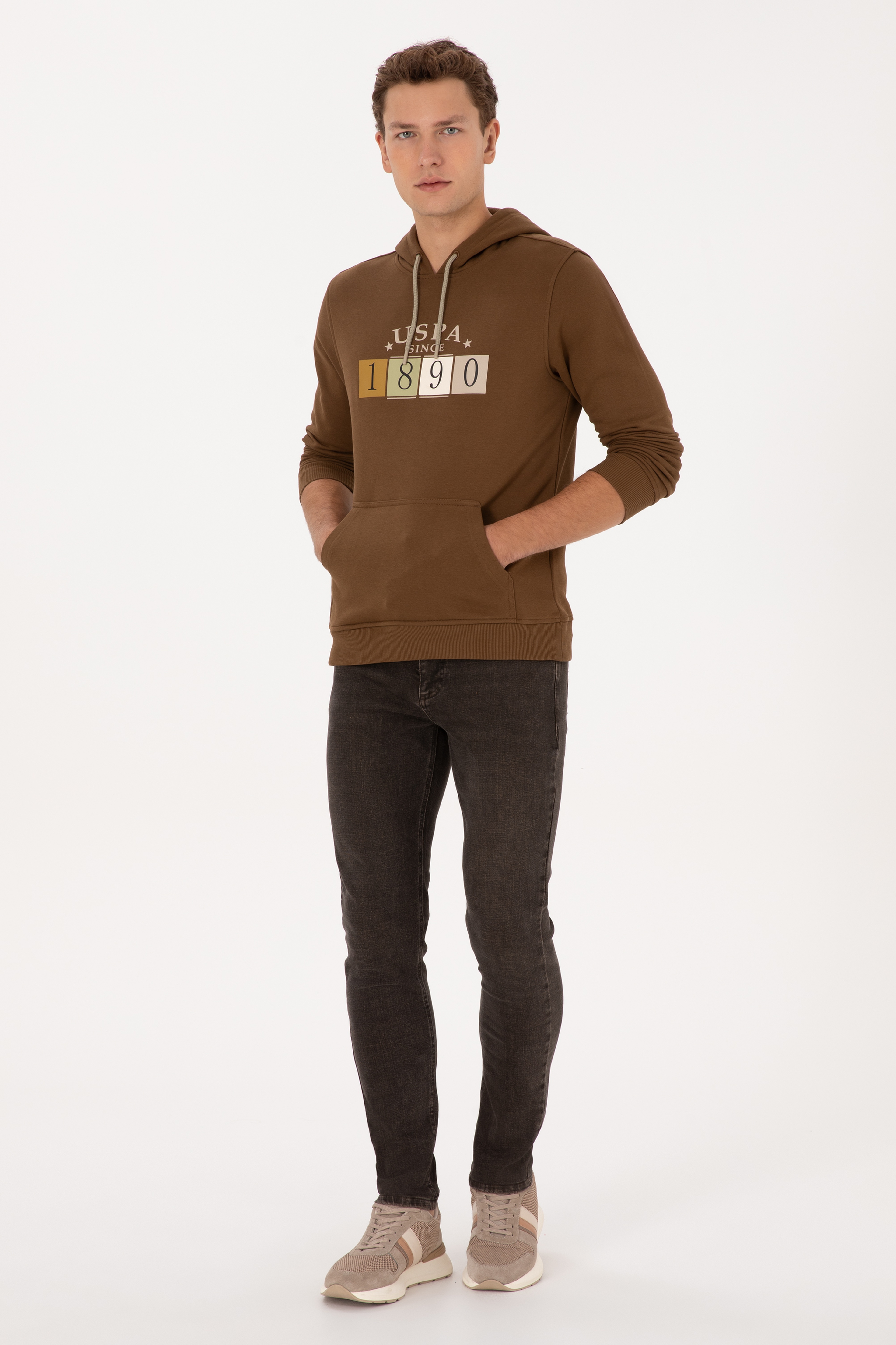 Erkek Regular Fit Kapüşonlu Haki Sweatshirt - Image 4