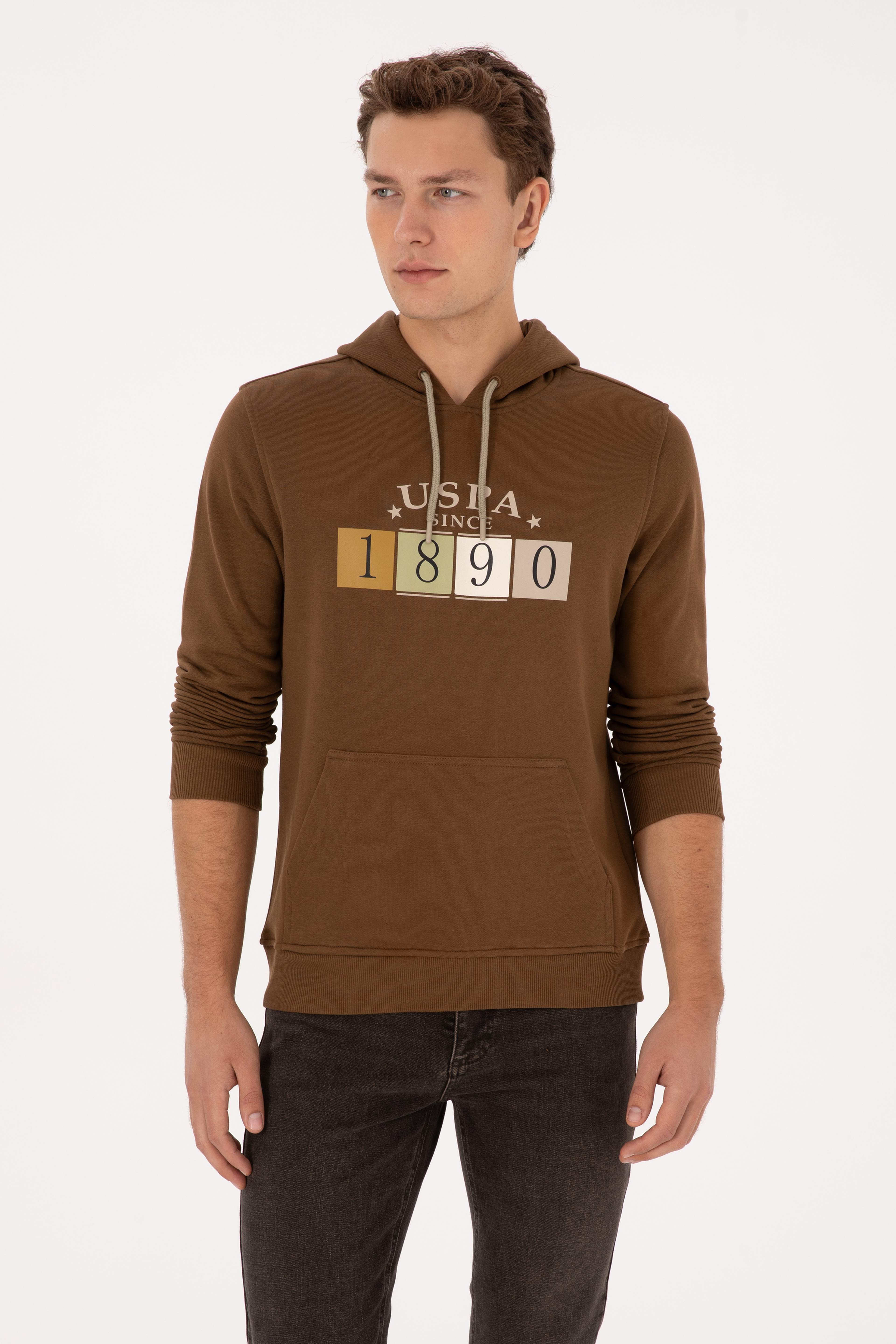 Erkek Regular Fit Kapüşonlu Haki Sweatshirt - Image 3