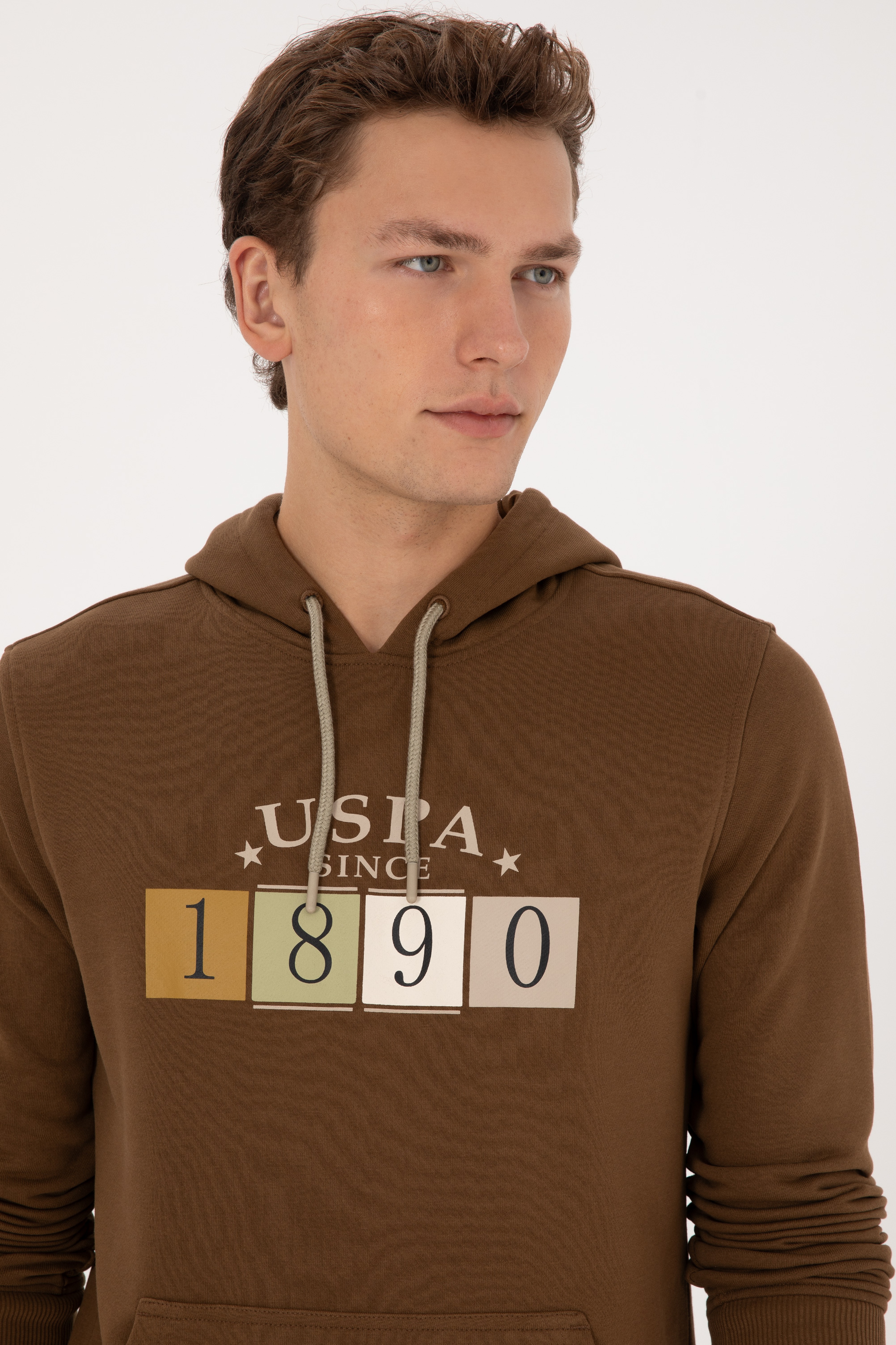 Erkek Regular Fit Kapüşonlu Haki Sweatshirt - Image 2