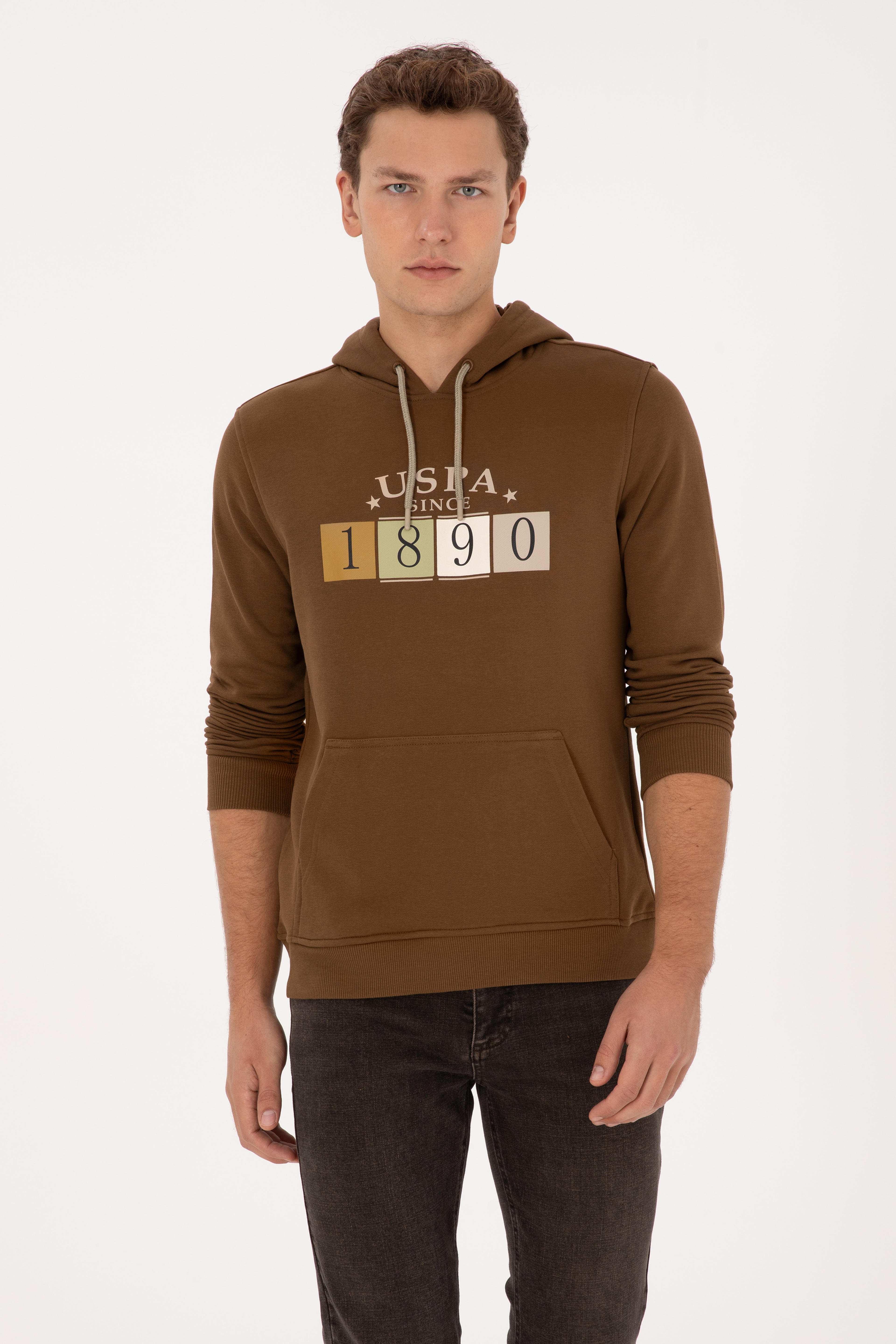Erkek Regular Fit Kapüşonlu Haki Sweatshirt - Image 1