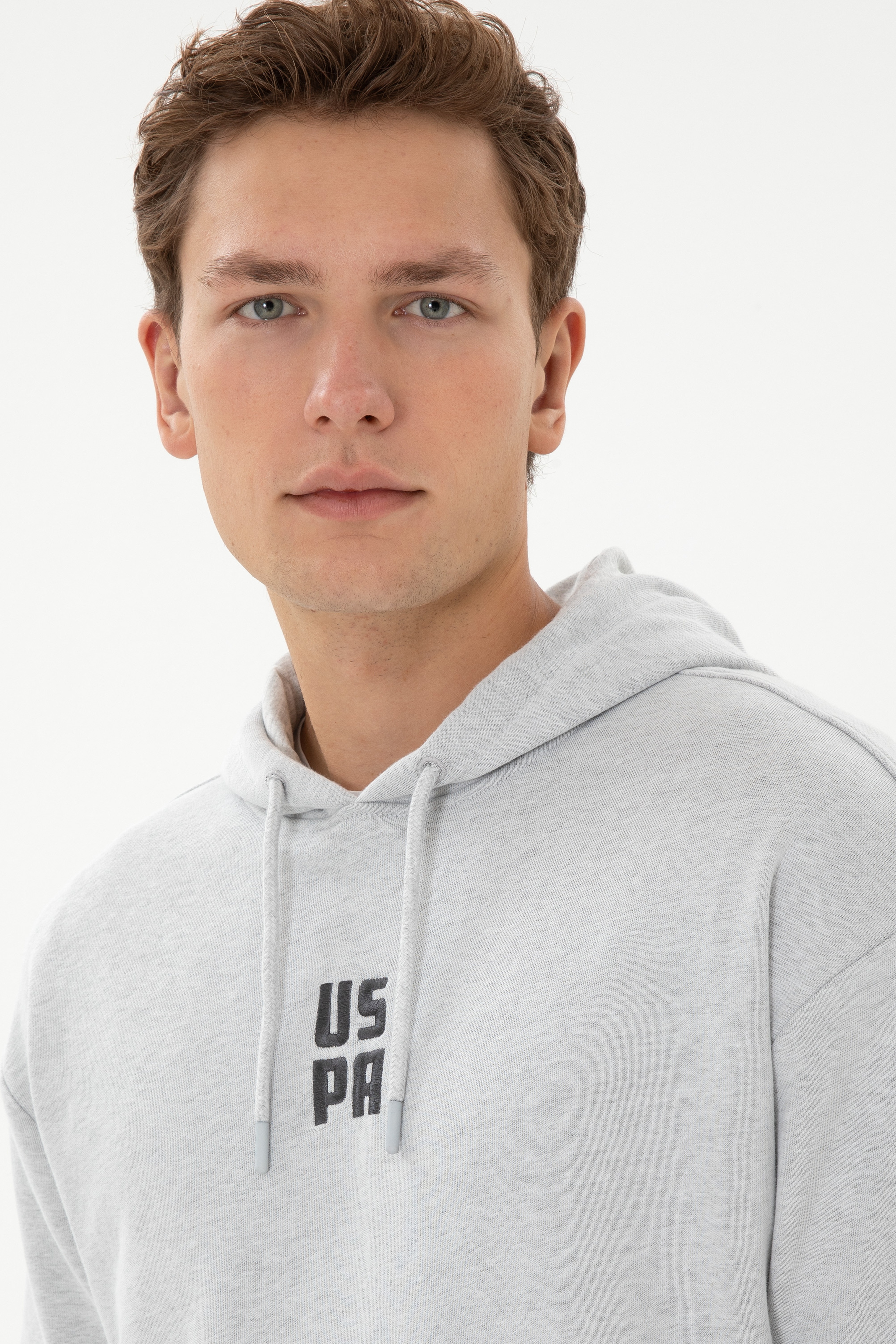Erkek Comfort Fit Kapüşonlu Kısa Kollu Gri Melanj Sweatshirt