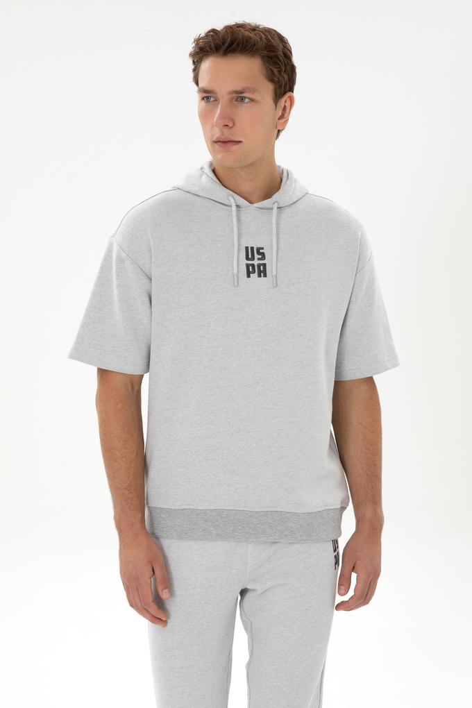 Erkek Comfort Fit Kapüşonlu Kısa Kollu Gri Melanj Sweatshirt