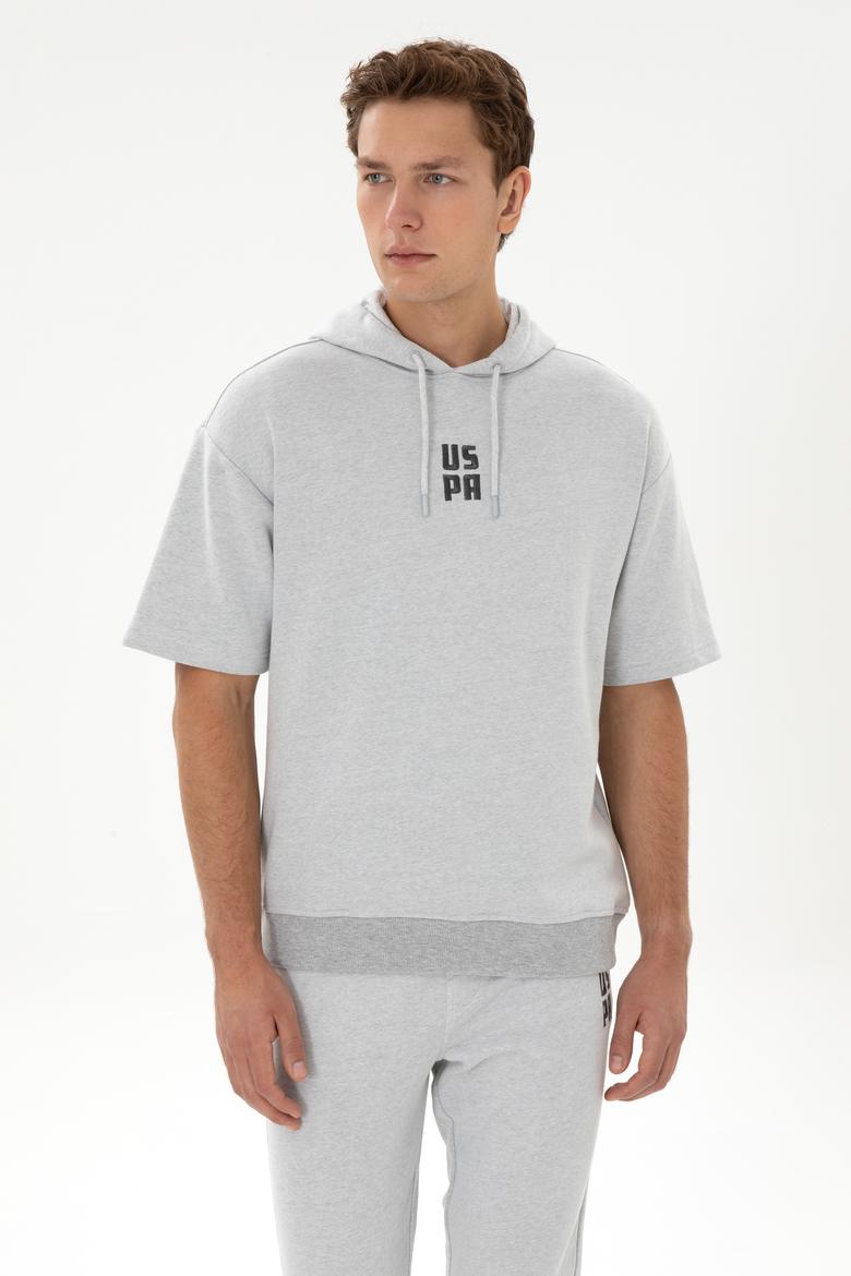 Erkek Comfort Fit Kapüşonlu Kısa Kollu Gri Melanj Sweatshirt