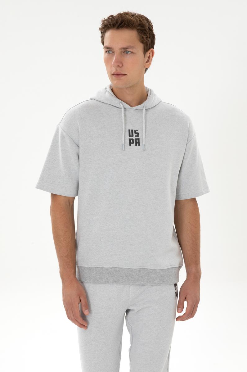 Erkek Comfort Fit Kapüşonlu Kısa Kollu Gri Melanj Sweatshirt