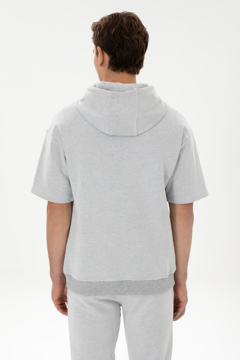 Erkek Comfort Fit Kapüşonlu Kısa Kollu Gri Melanj Sweatshirt - 50320030036