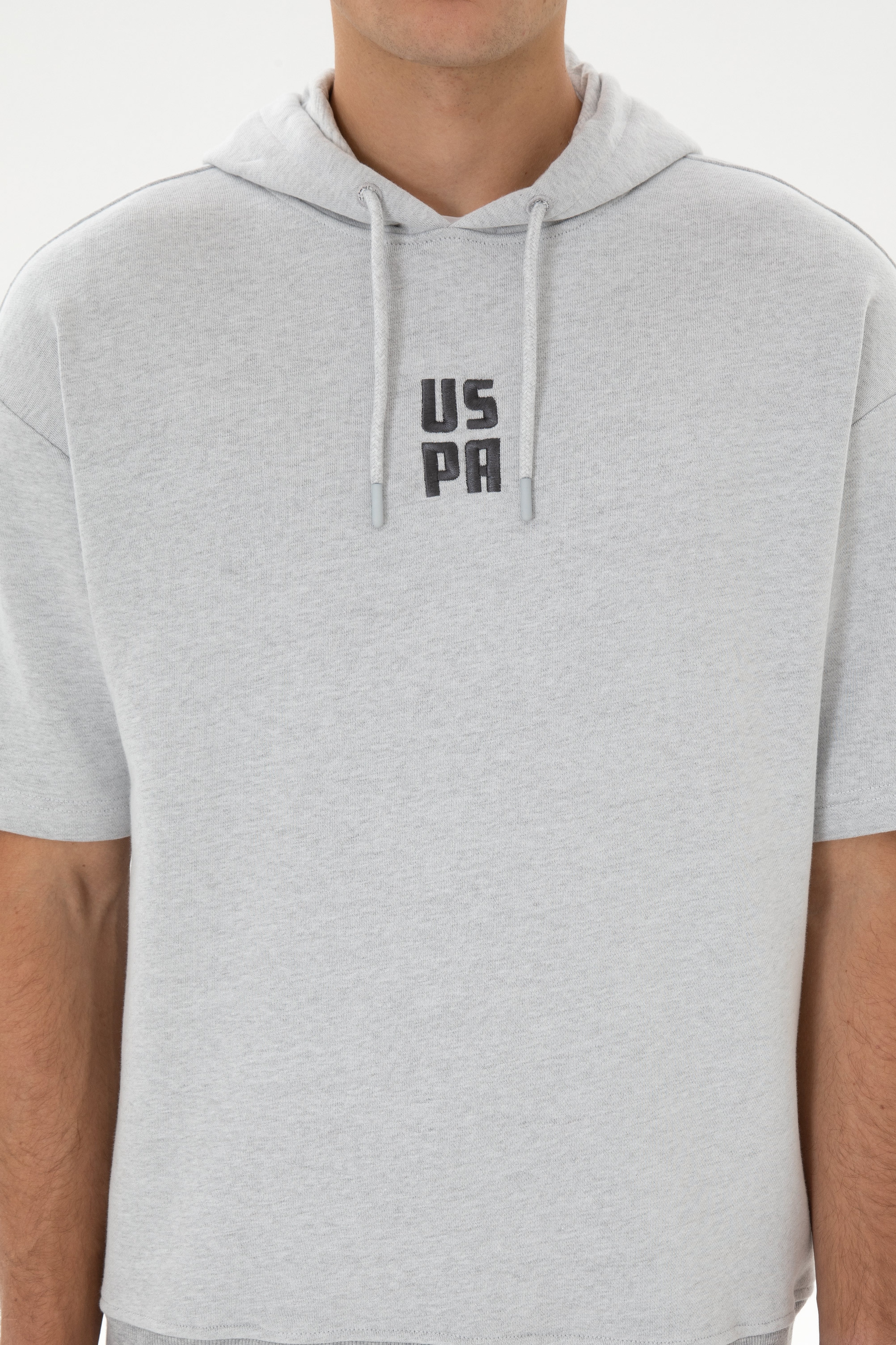 Erkek Comfort Fit Kapüşonlu Kısa Kollu Gri Melanj Sweatshirt