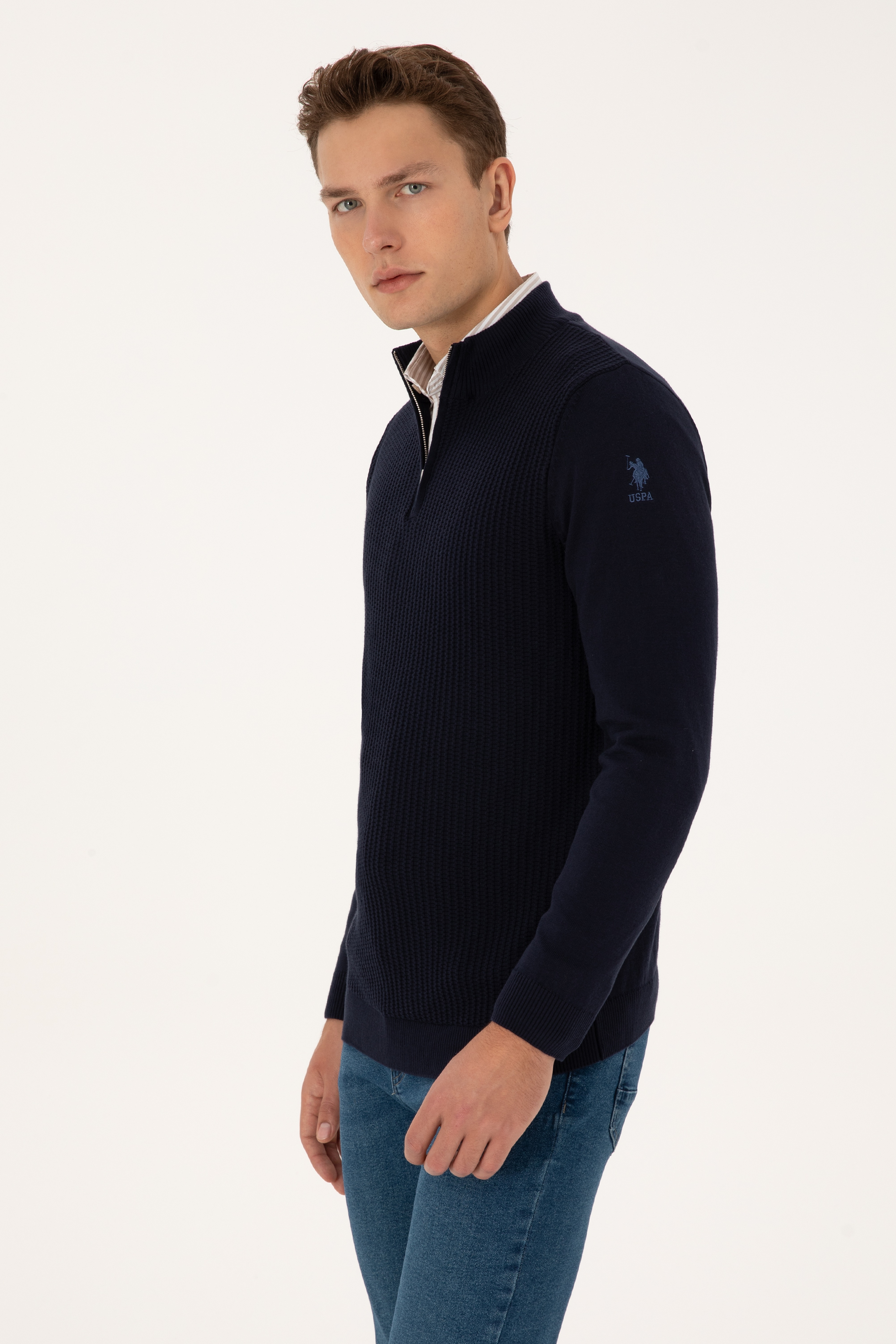 Erkek Slim Fit Yarım Fermuarlı Lacivert Kazak - Image 3