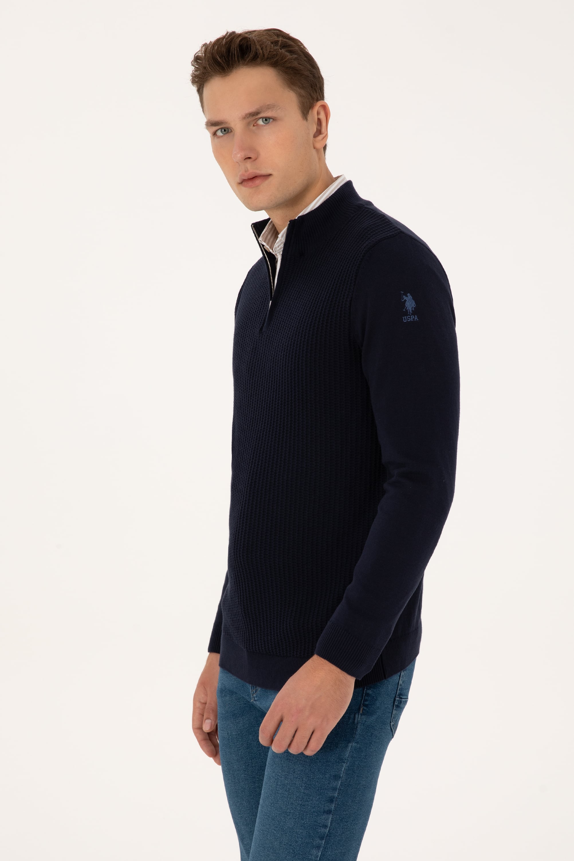 Erkek Slim Fit Yarım Fermuarlı Lacivert Kazak