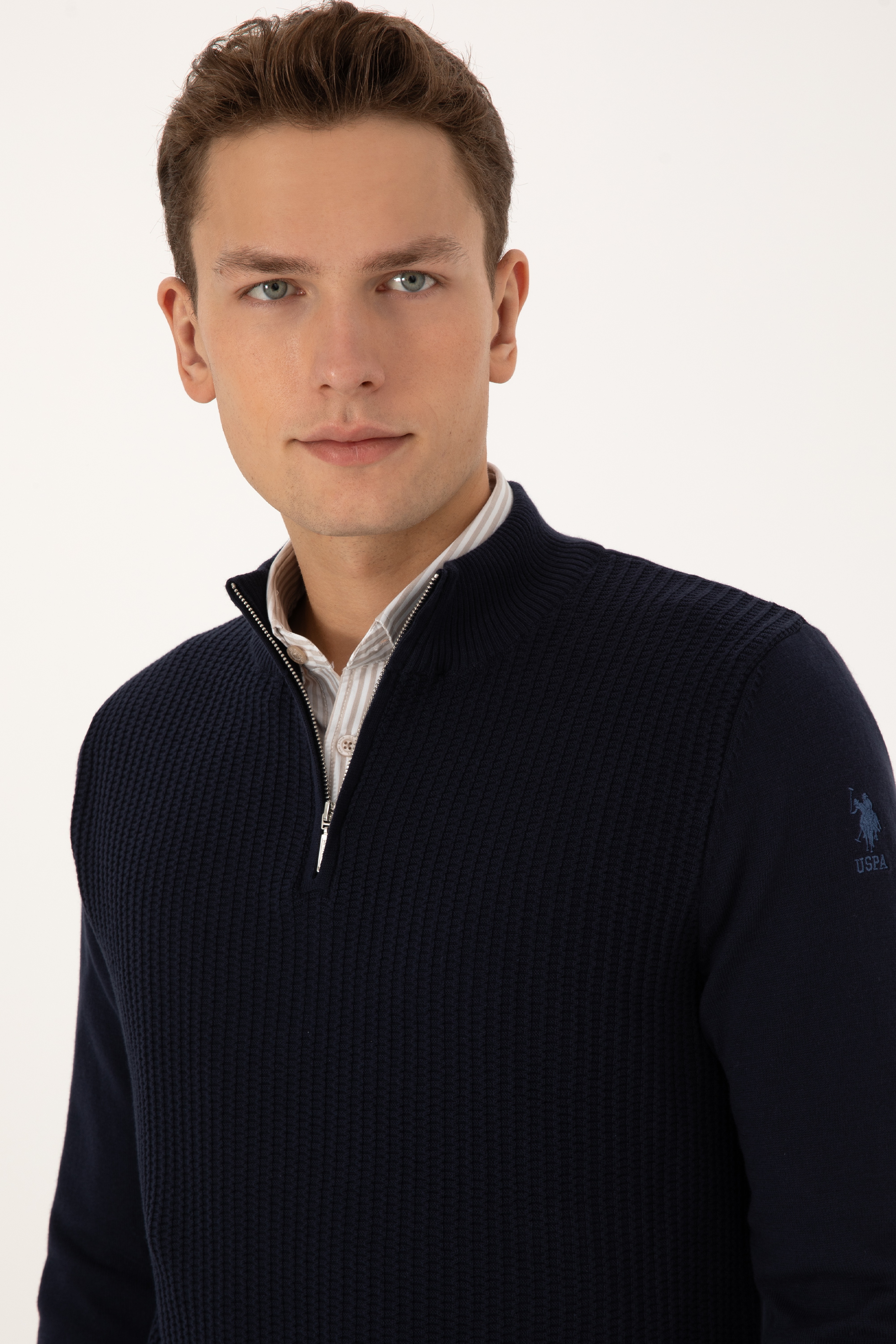 Erkek Slim Fit Yarım Fermuarlı Lacivert Kazak - Image 2