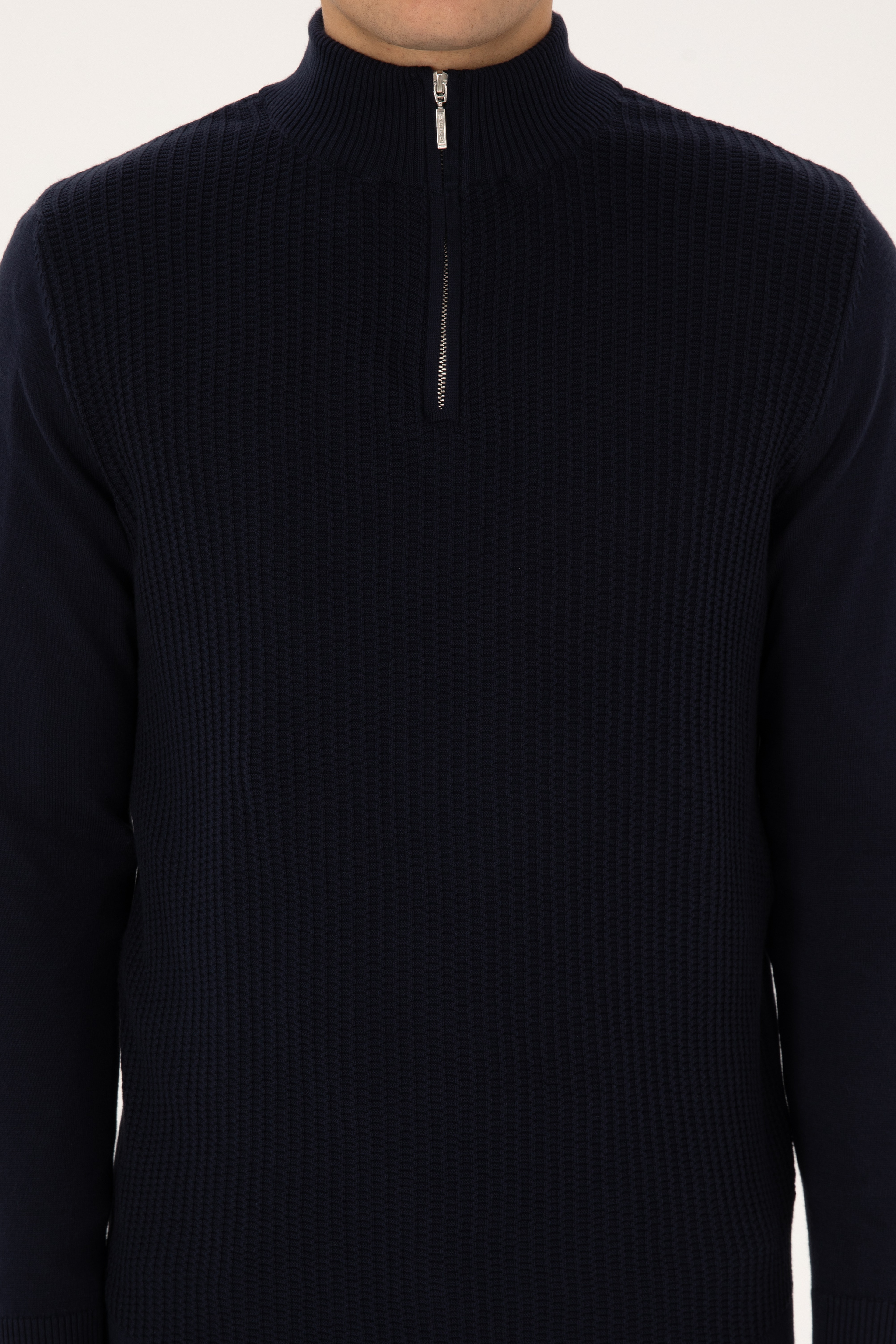 Erkek Slim Fit Yarım Fermuarlı Lacivert Kazak - Image 6