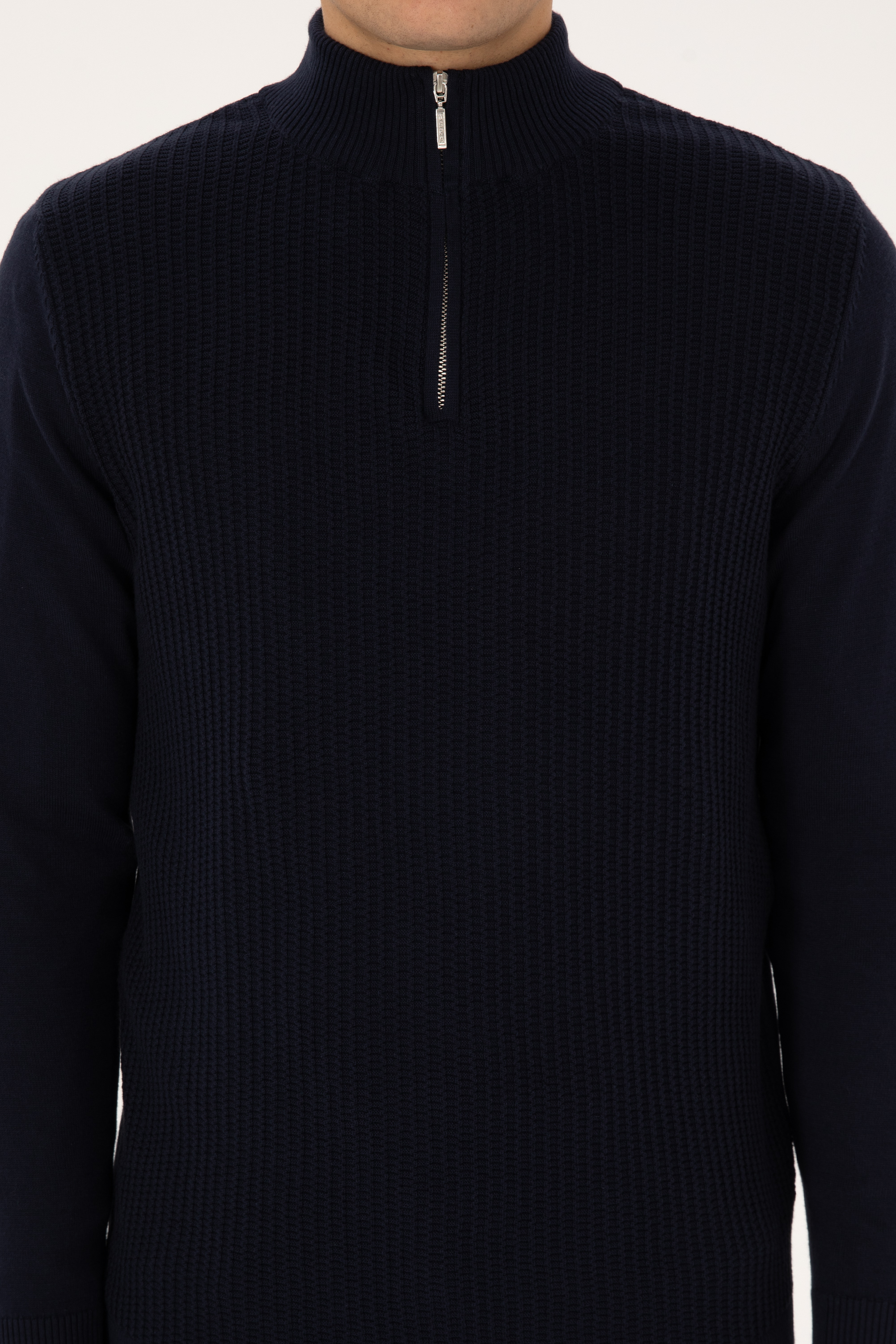 Erkek Slim Fit Yarım Fermuarlı Lacivert Kazak