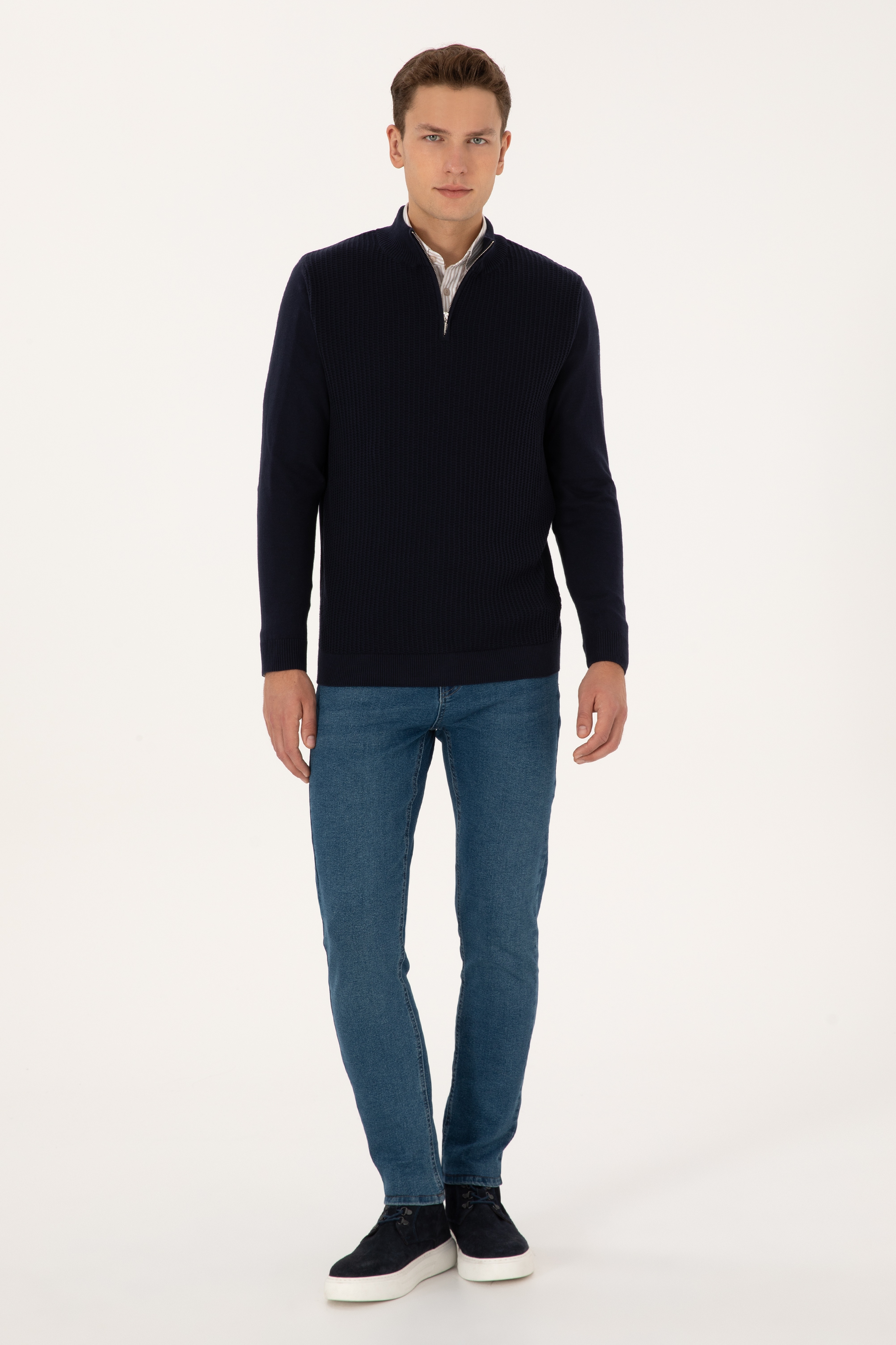 Erkek Slim Fit Yarım Fermuarlı Lacivert Kazak - Image 4