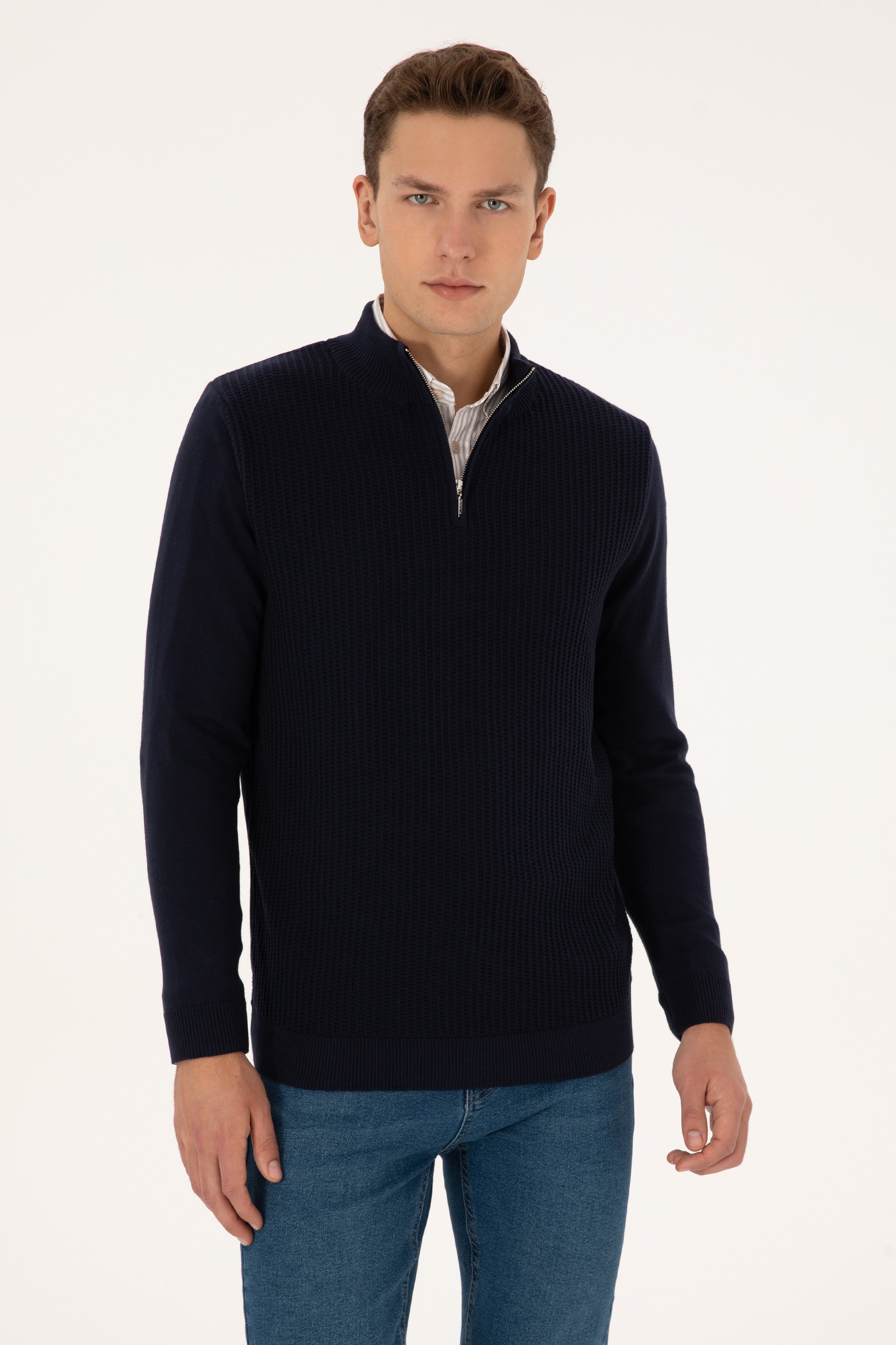 Erkek Slim Fit Yarım Fermuarlı Lacivert Kazak - Image 1