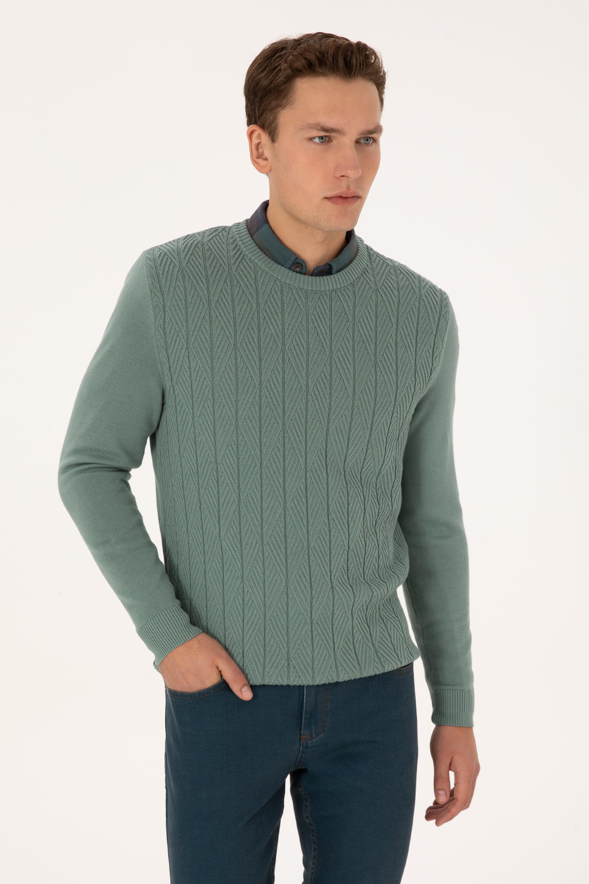 Erkek Slim Fit Bisiklet Yaka Mint Kazak