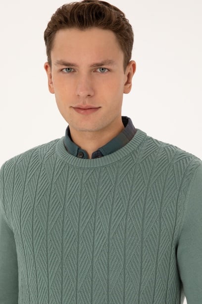 Erkek Slim Fit Bisiklet Yaka Mint Kazak