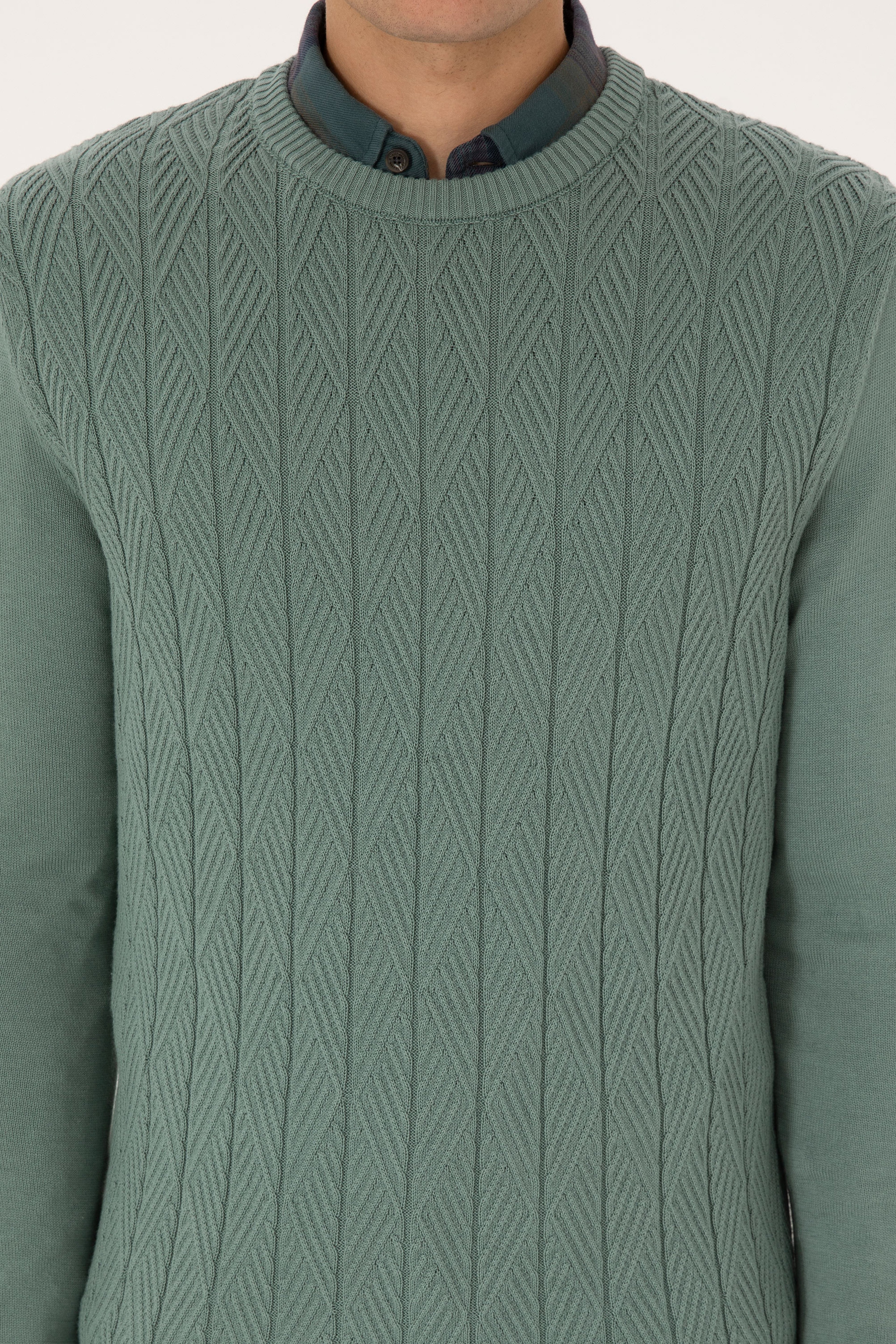 Erkek Slim Fit Bisiklet Yaka Mint Kazak