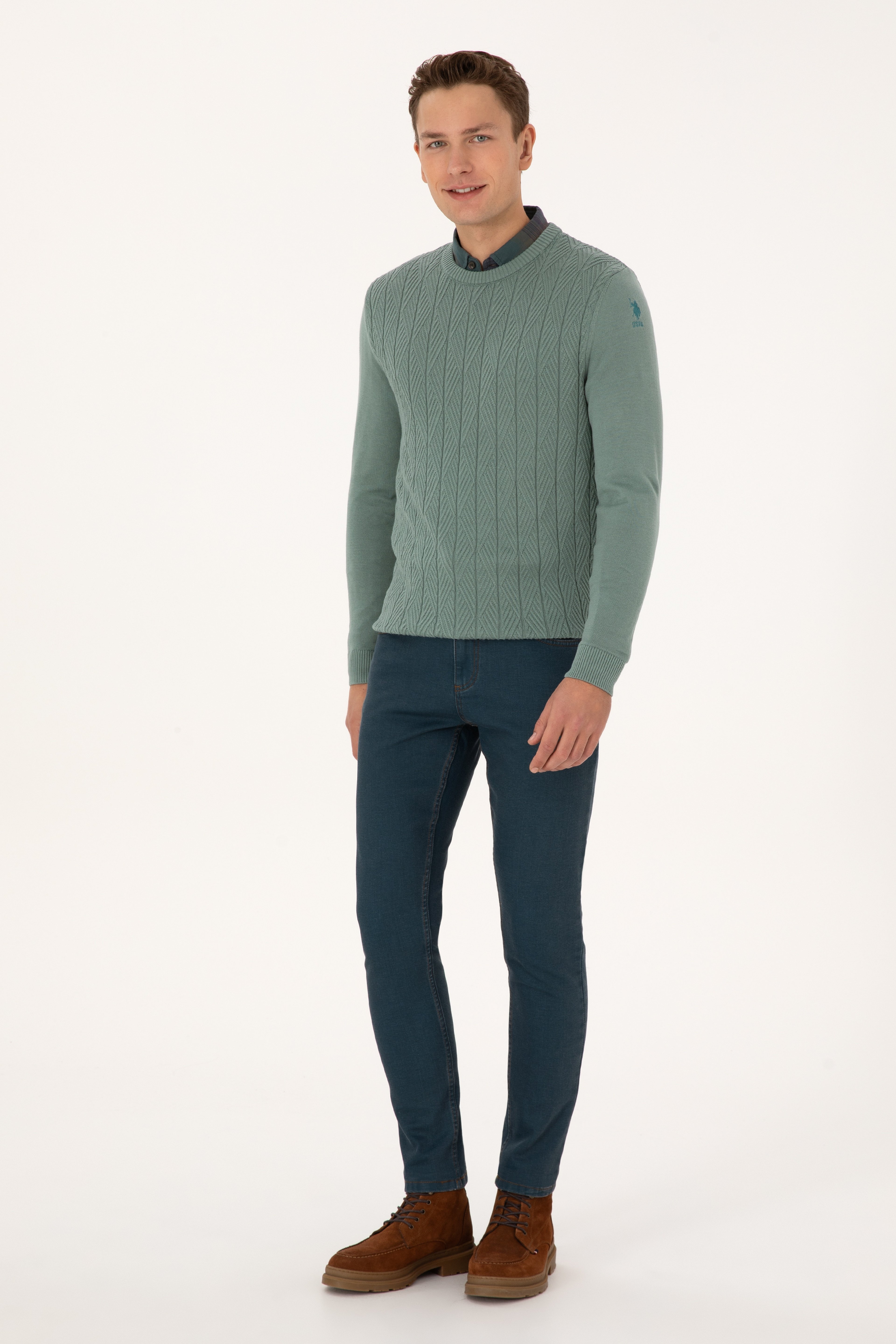 Erkek Slim Fit Bisiklet Yaka Mint Kazak