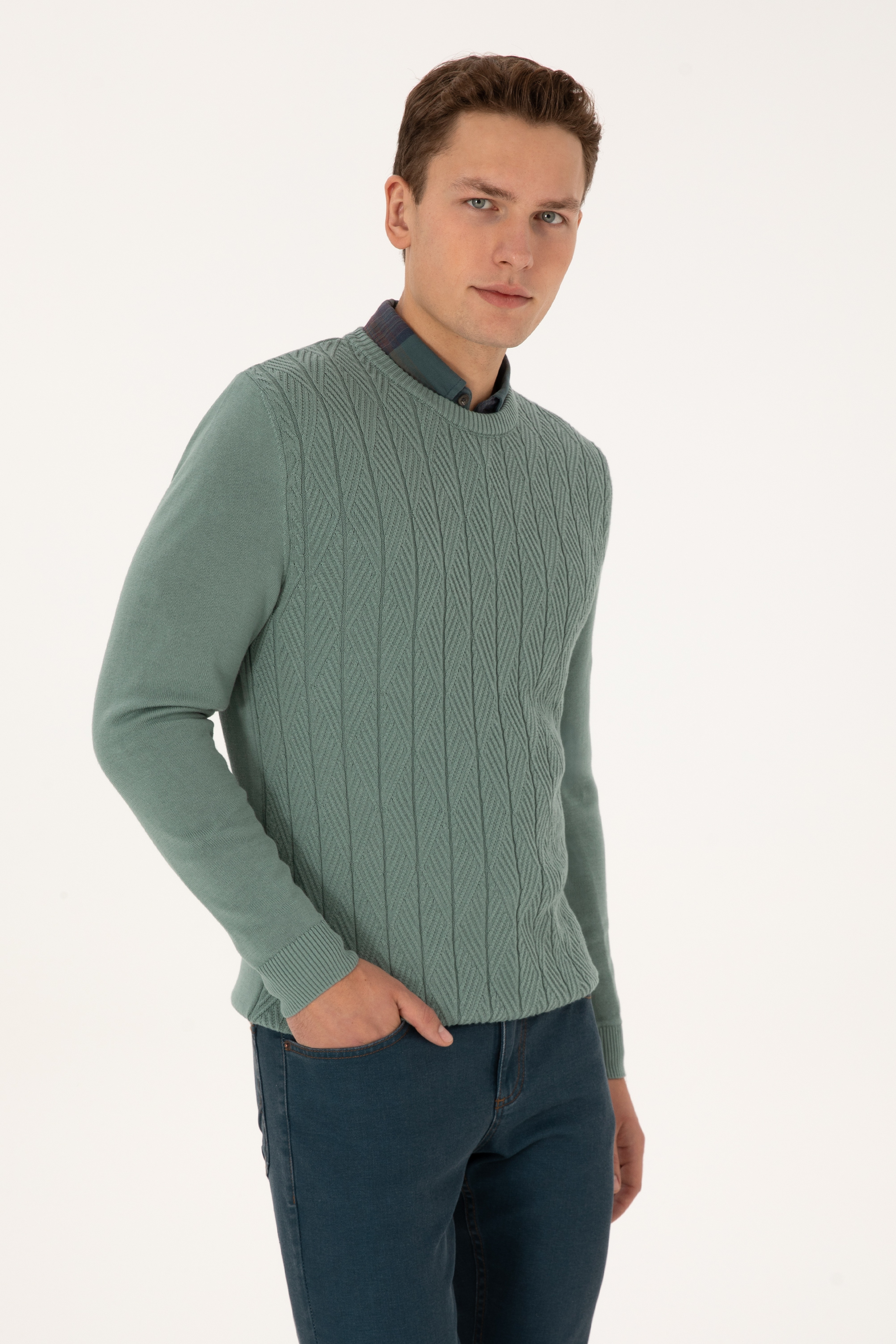 Erkek Slim Fit Bisiklet Yaka Mint Kazak