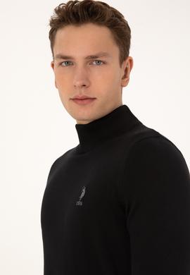 Erkek Slim Fit Yarım Balıkçı Yaka Siyah Basic Kazak - 50307783025