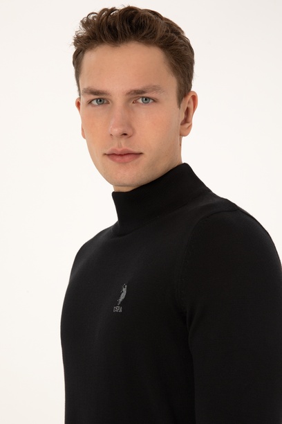Erkek Slim Fit Yarım Balıkçı Yaka Siyah Basic Kazak