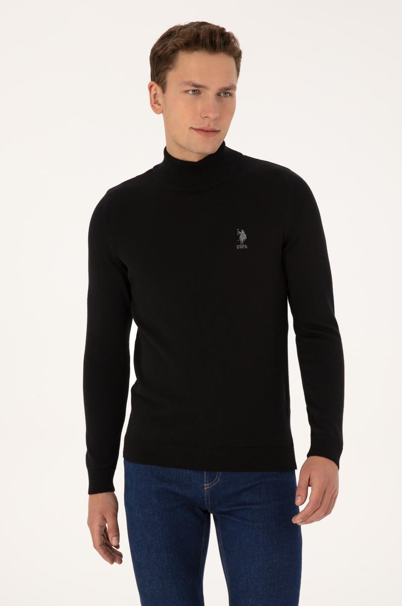 Erkek Slim Fit Yarım Balıkçı Yaka Siyah Basic Kazak