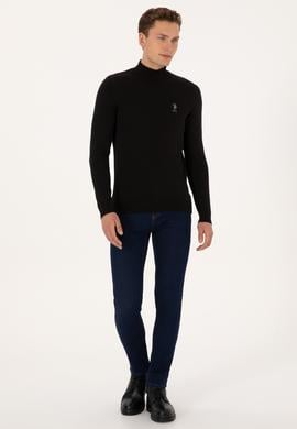 Erkek Slim Fit Yarım Balıkçı Yaka Siyah Basic Kazak - 50307783025
