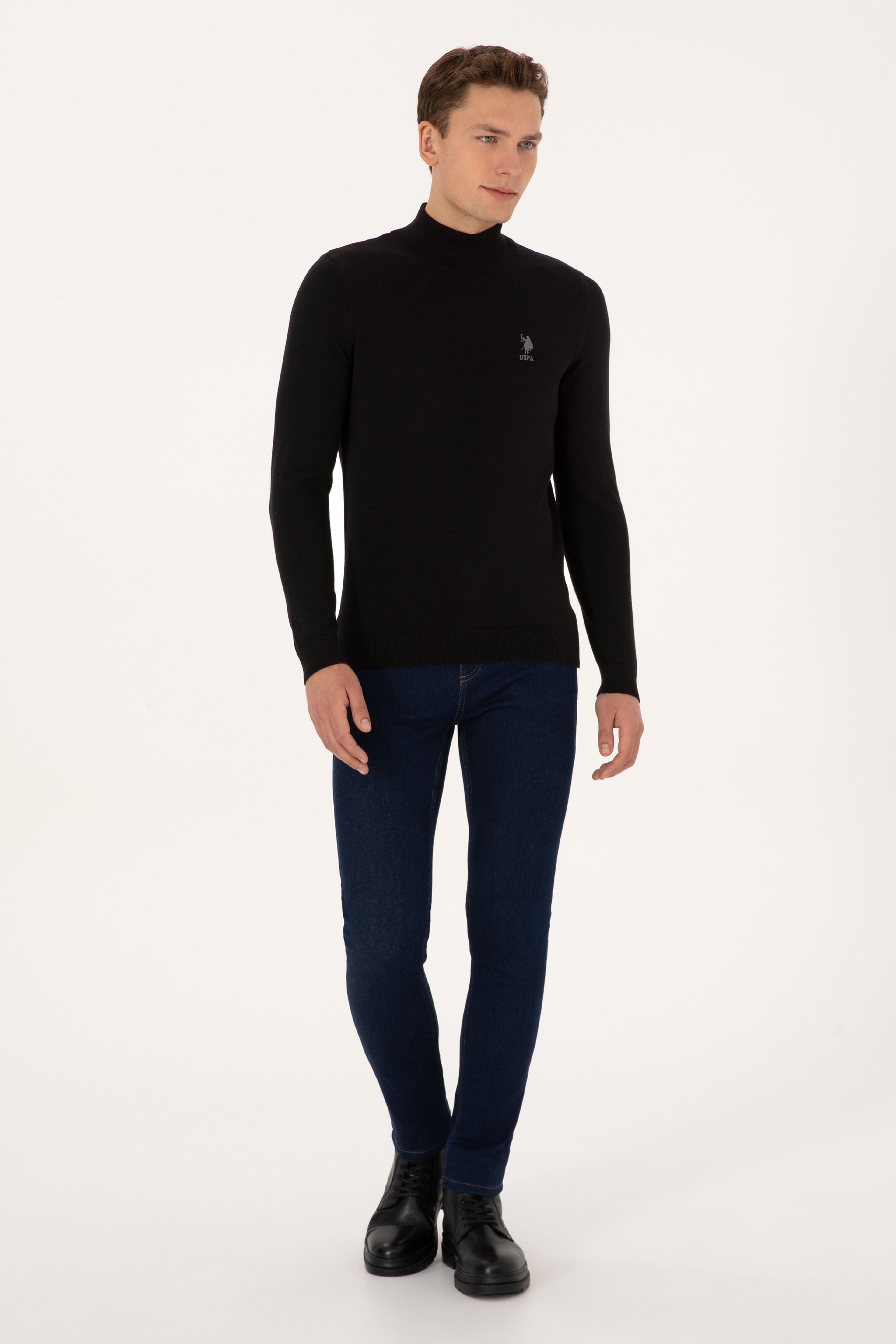 Erkek Slim Fit Yarım Balıkçı Yaka Siyah Basic Kazak
