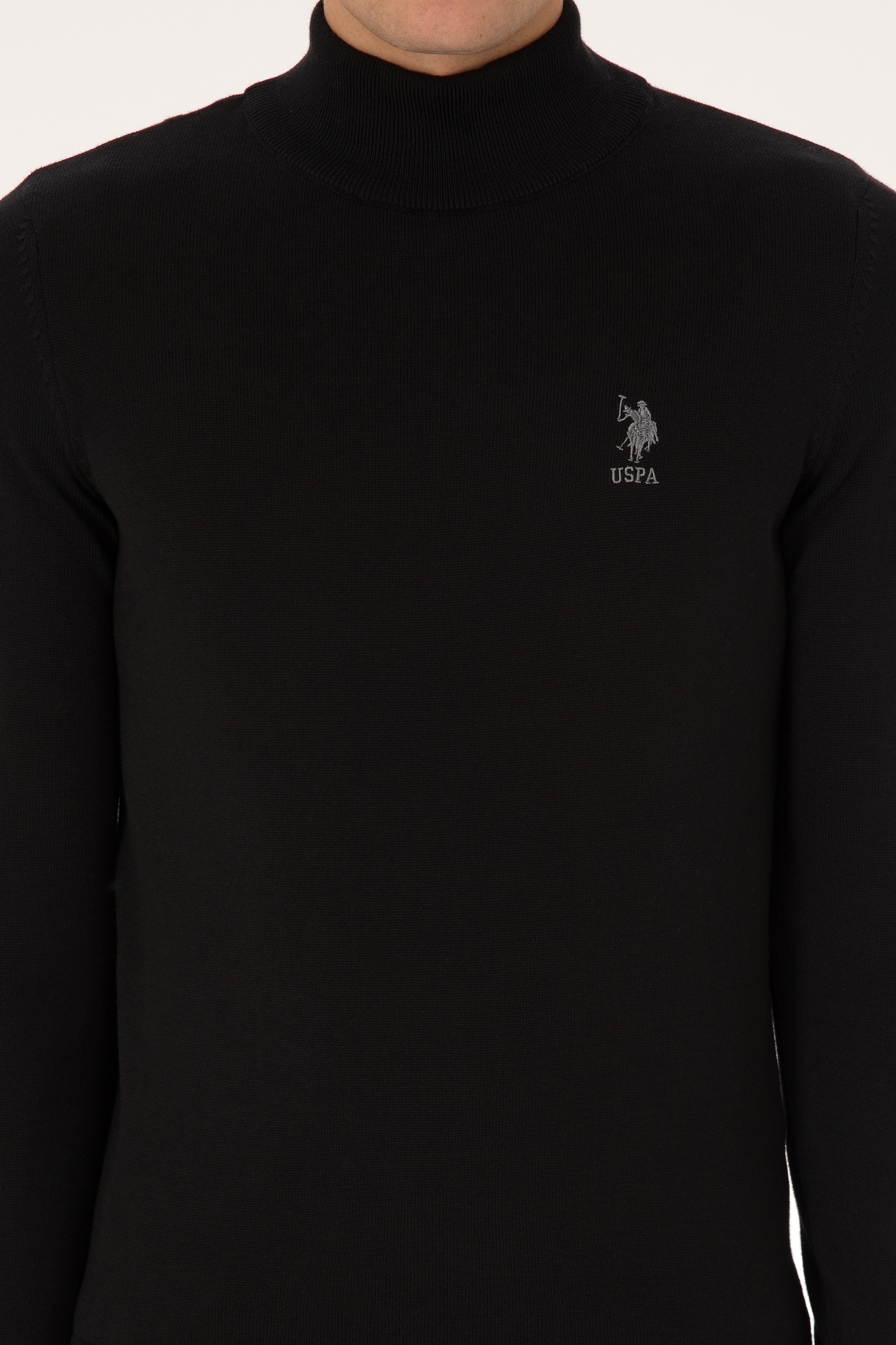 Erkek Slim Fit Yarım Balıkçı Yaka Siyah Basic Kazak