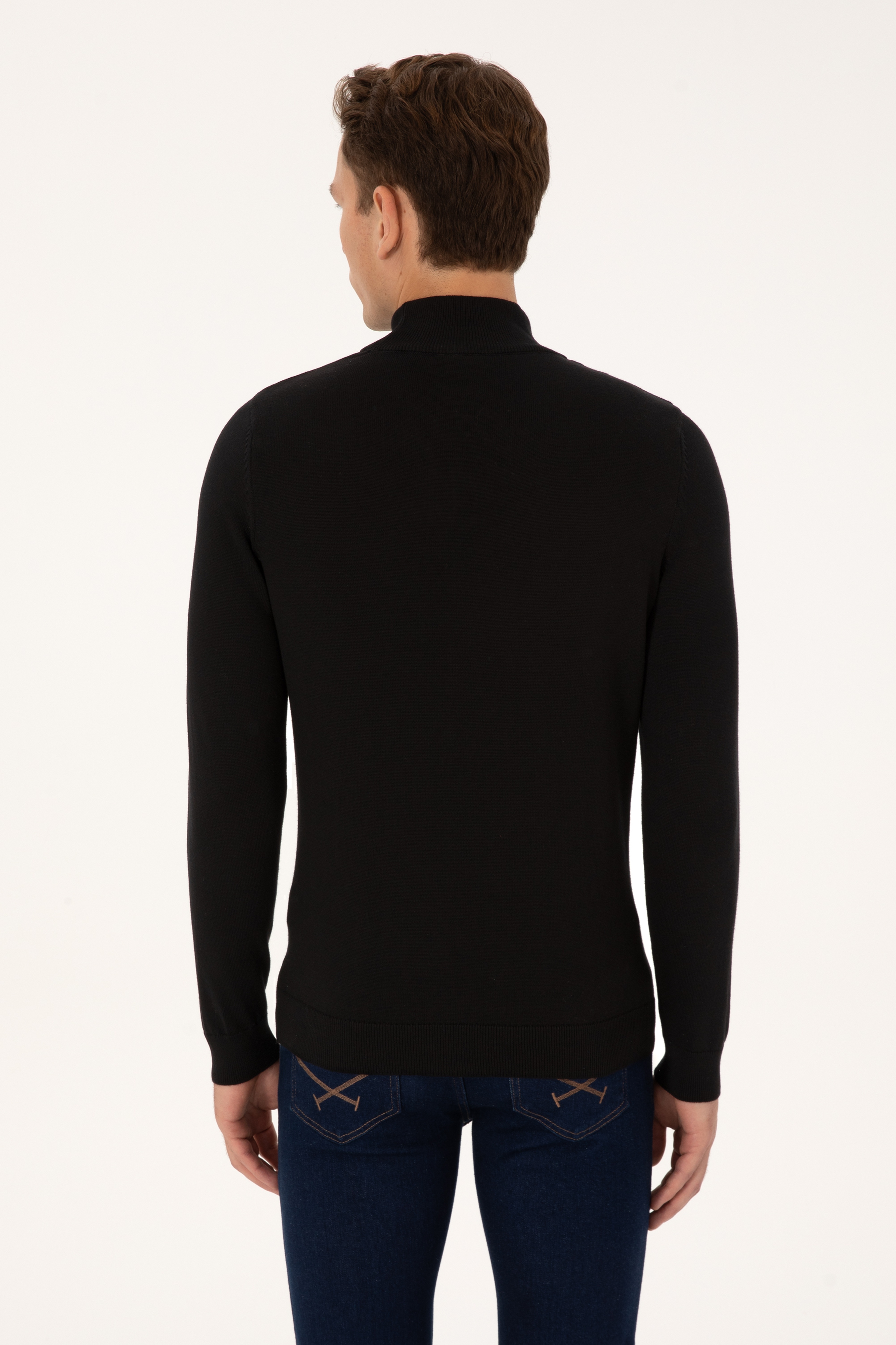 Erkek Slim Fit Yarım Balıkçı Yaka Siyah Basic Kazak - Image 5