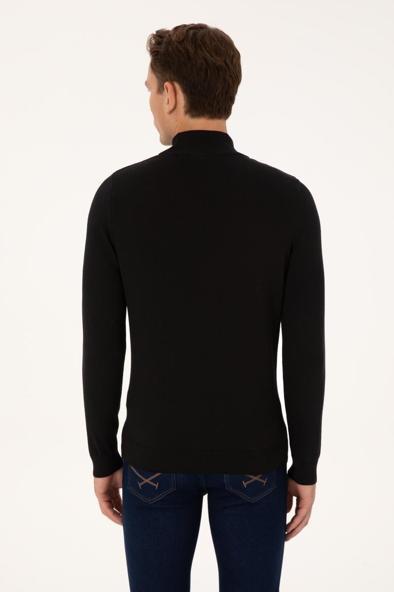 Erkek Slim Fit Yarım Balıkçı Yaka Siyah Basic Kazak - 50307783025