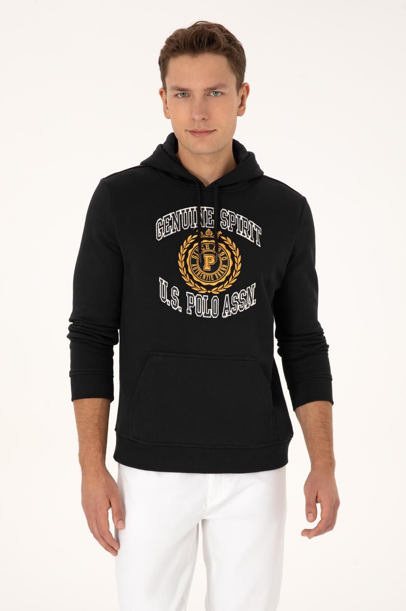 Erkek Regular Fit Kapüşonlu Şardonlu Siyah Sweatshirt