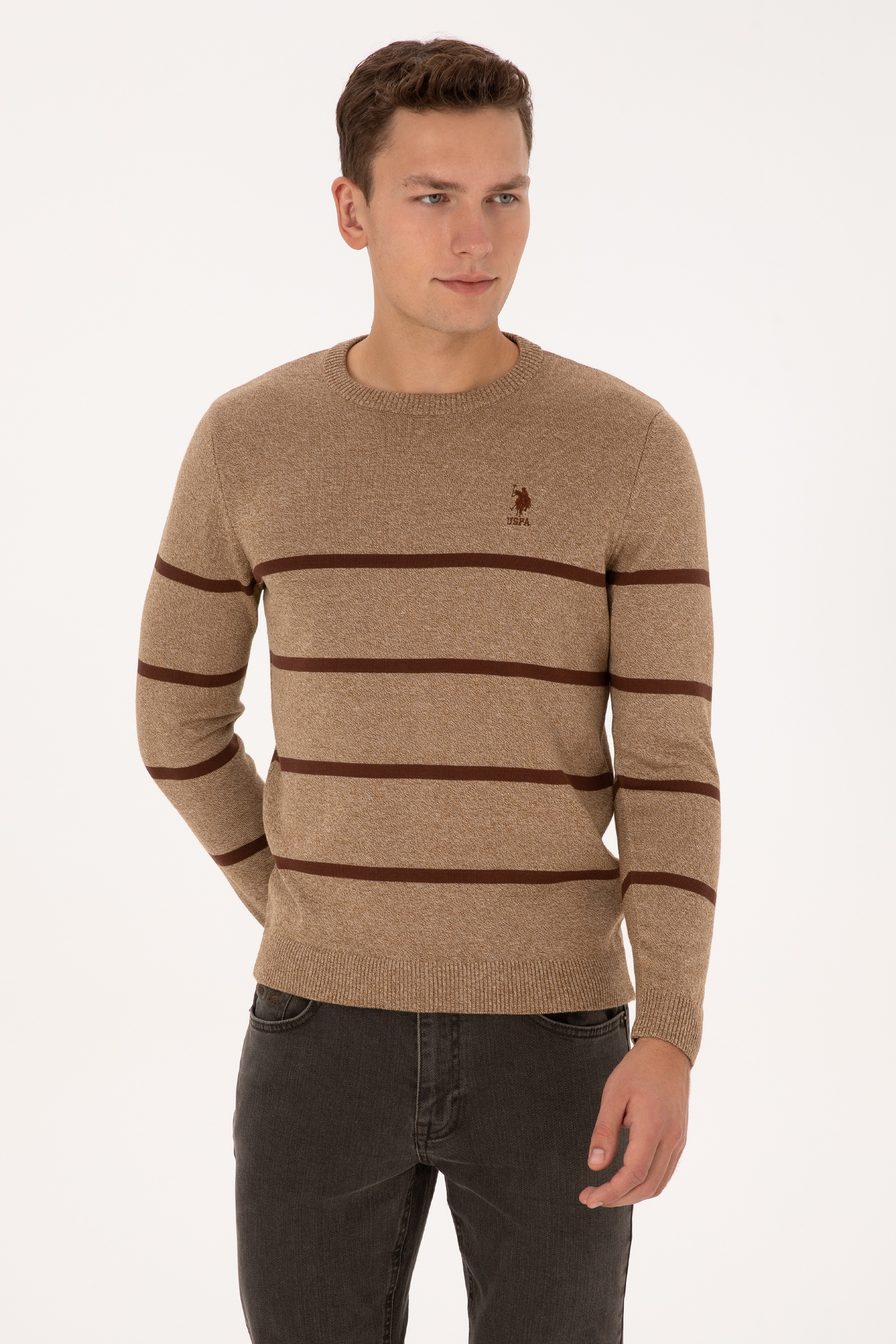 Erkek Slim Fit Bisiklet Yaka Haki Kazak - Image 3