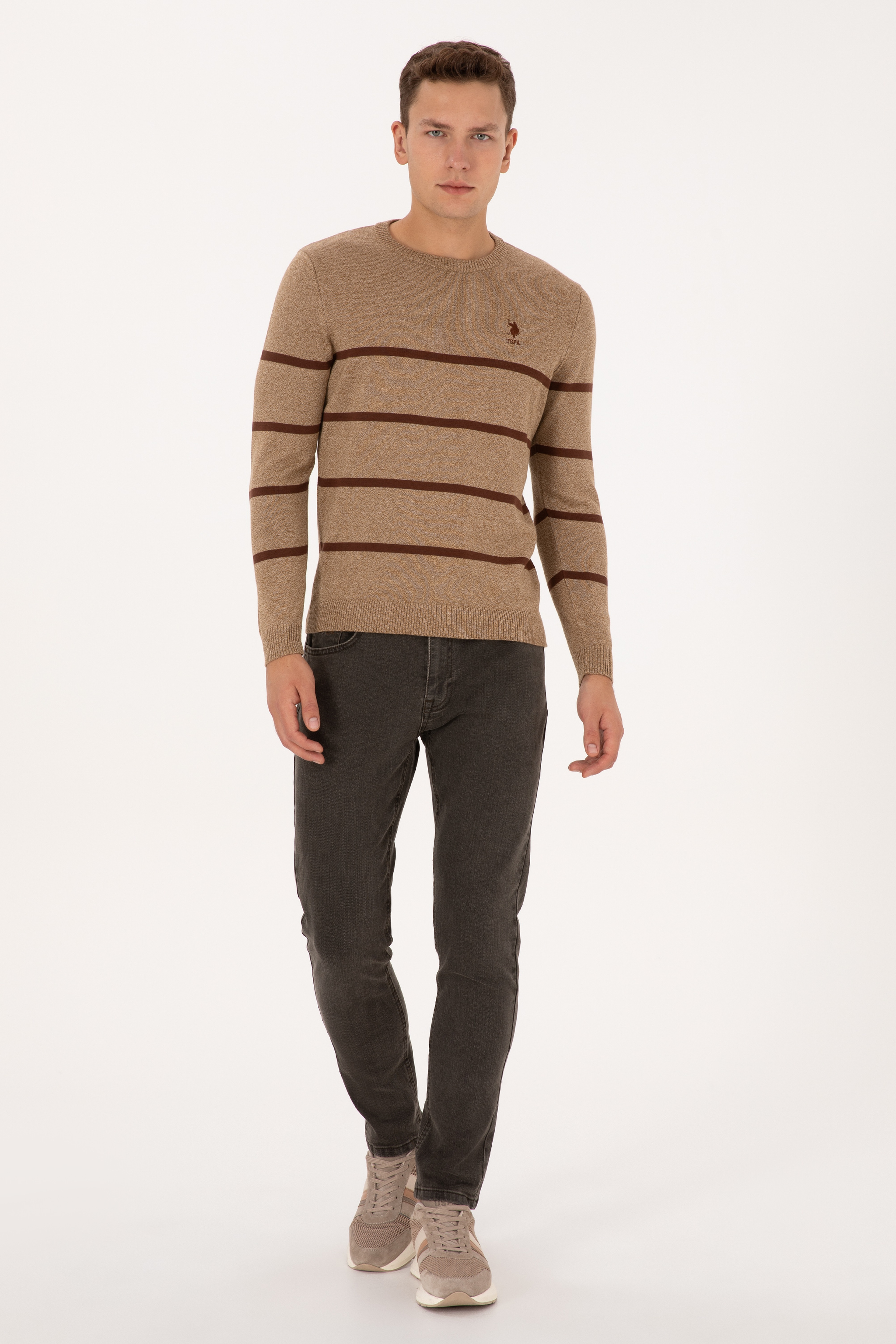 Erkek Slim Fit Bisiklet Yaka Haki Kazak - Image 4