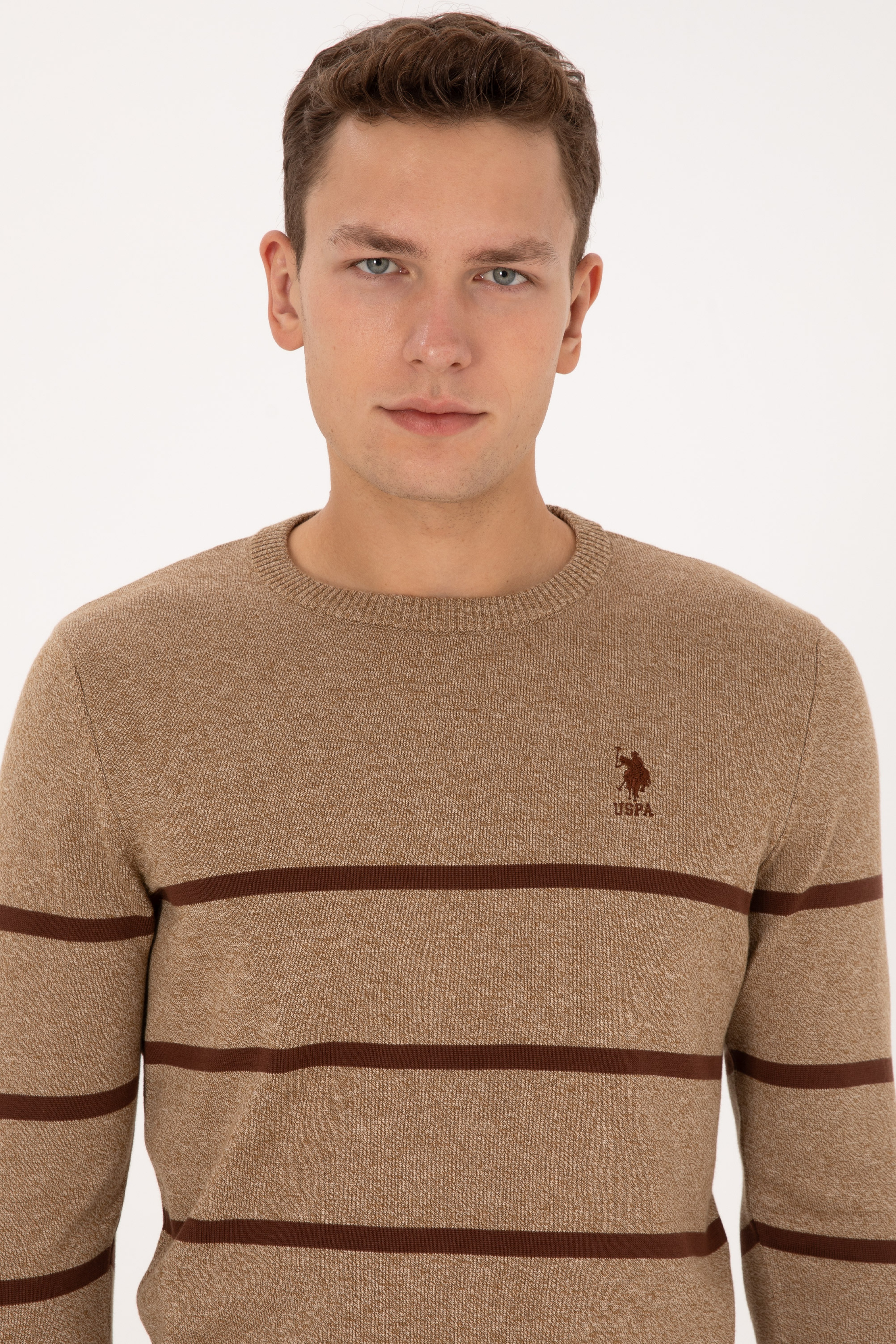 Erkek Slim Fit Bisiklet Yaka Haki Kazak