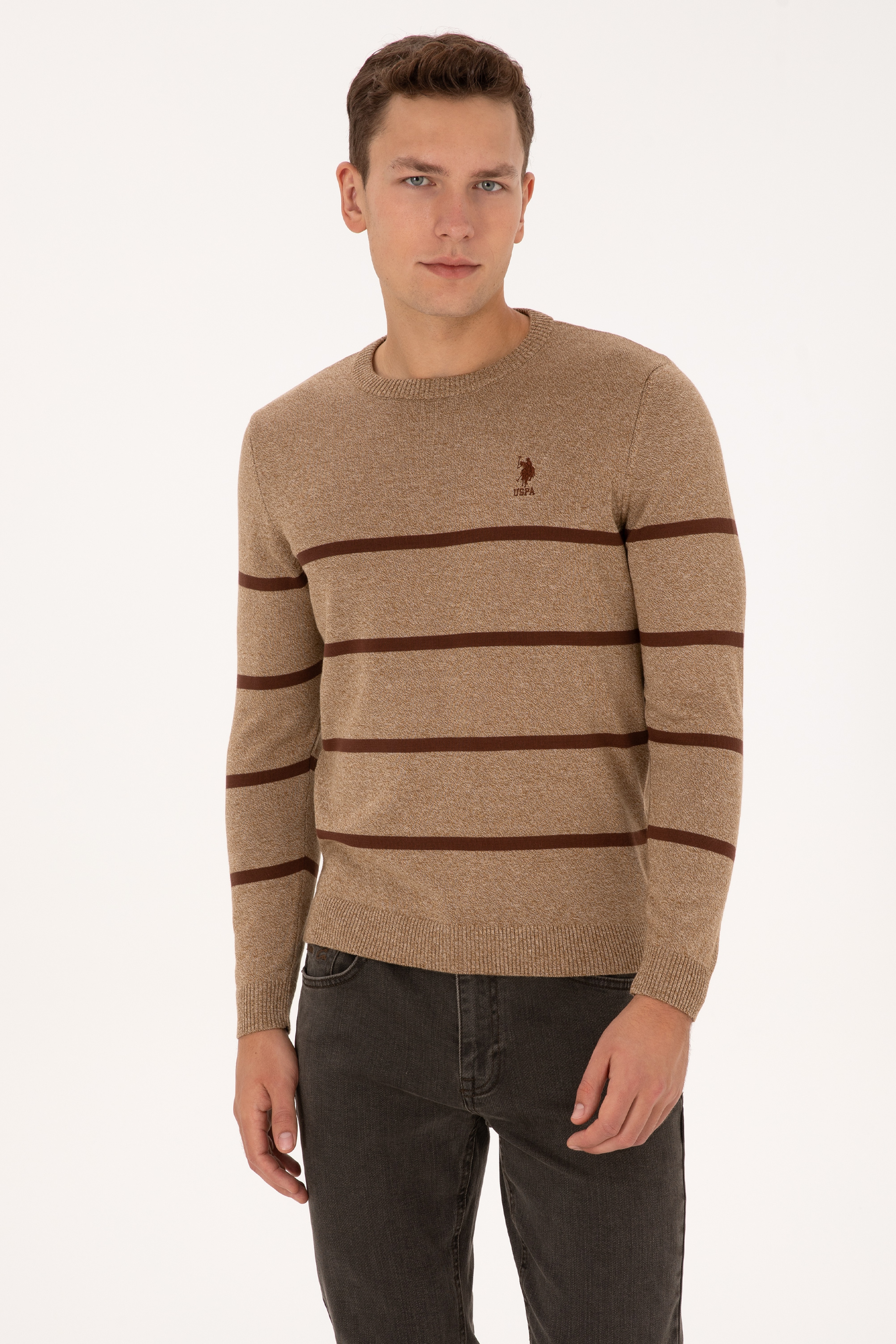 Erkek Slim Fit Bisiklet Yaka Haki Kazak