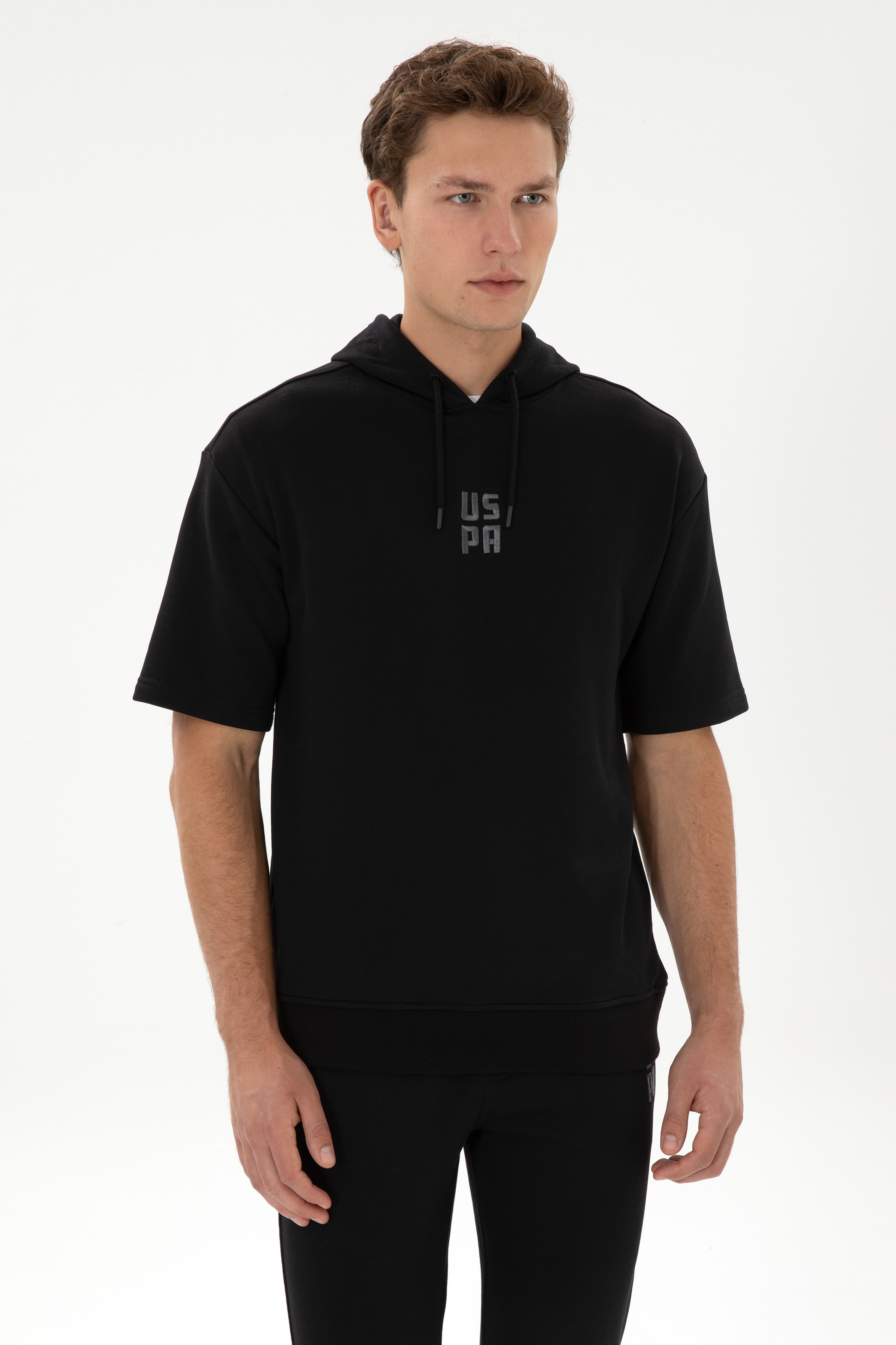 Erkek Comfort Fit Kapüşonlu Kısa Kollu Siyah Sweatshirt