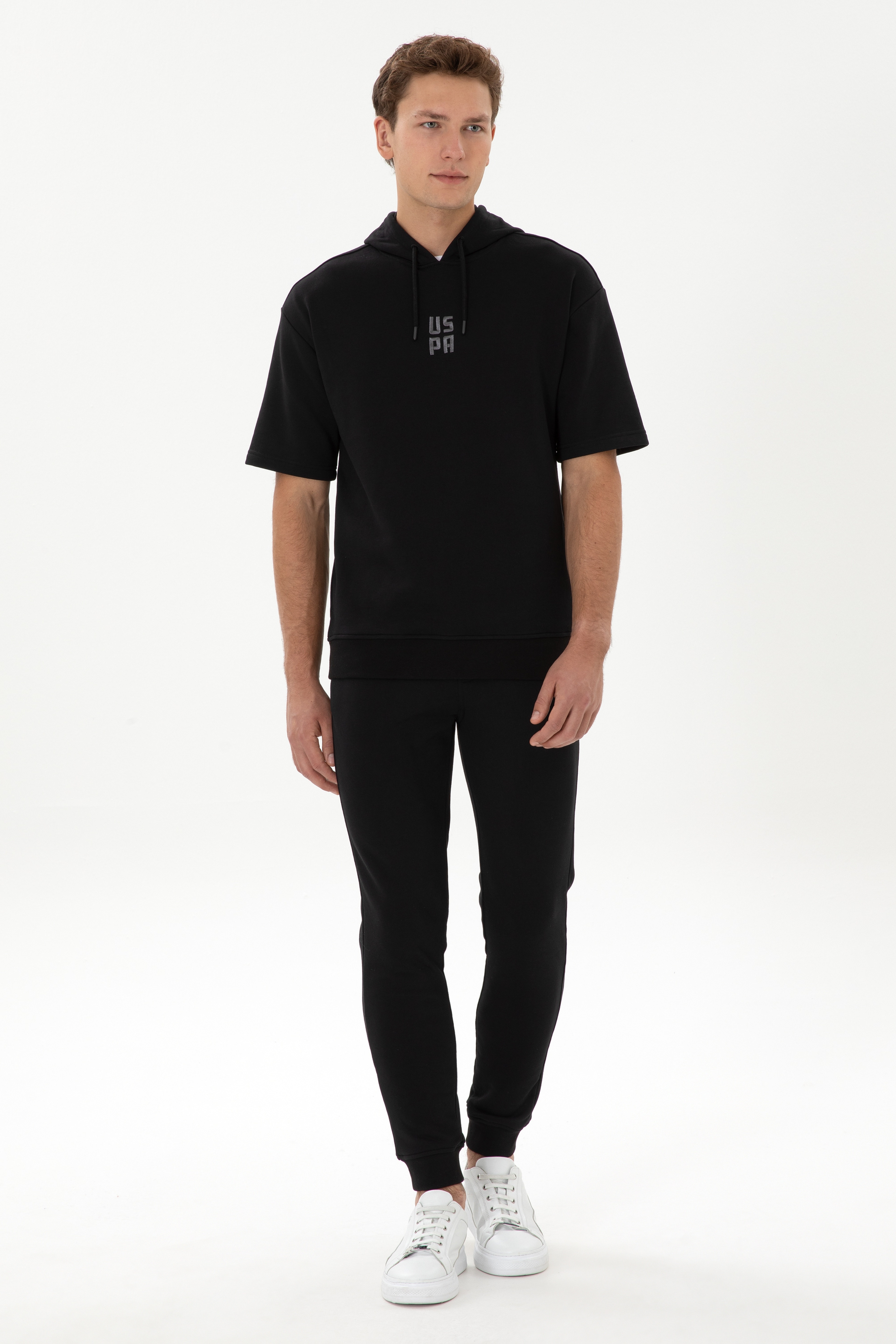 Erkek Comfort Fit Kapüşonlu Kısa Kollu Siyah Sweatshirt